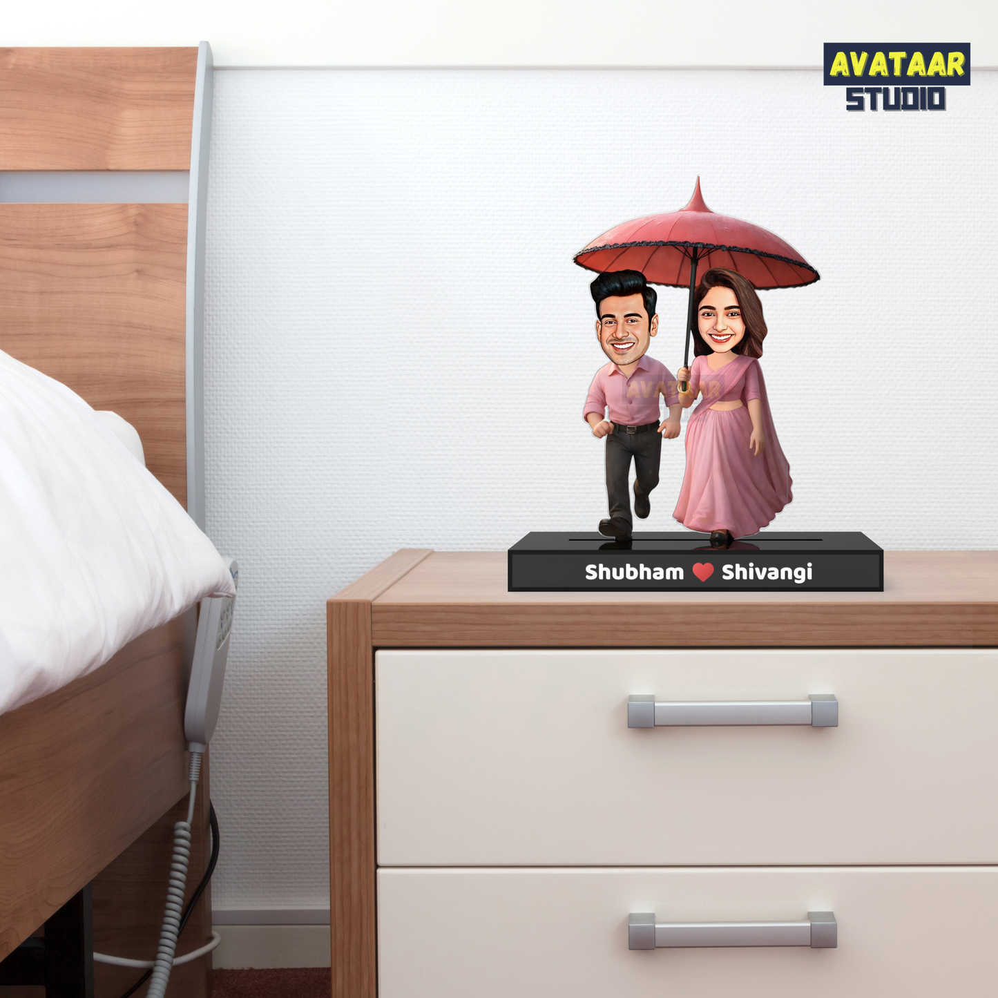 Romantic Couple Avataar Stand – Personalized Acrylic Gift with Umbrella Scene