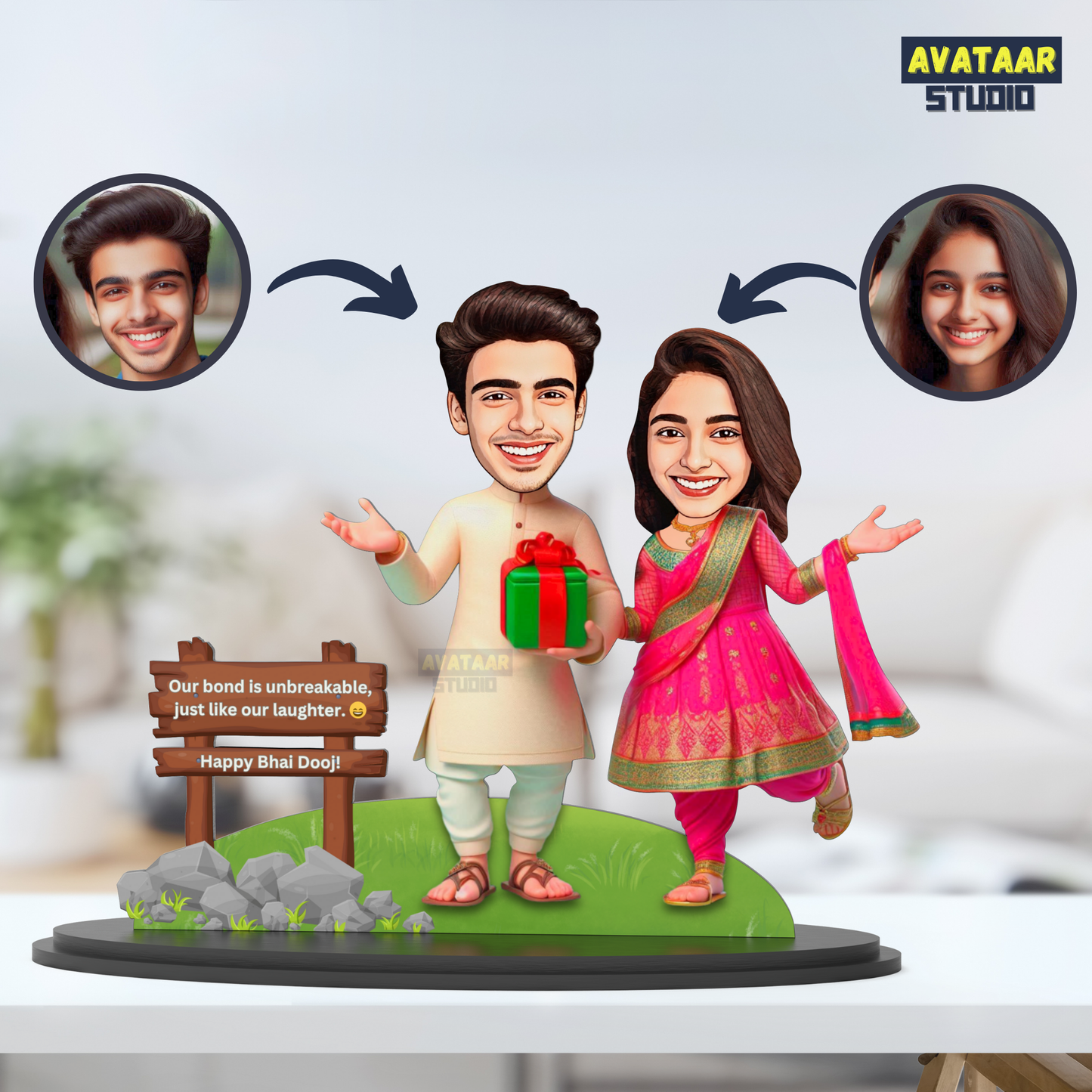 Avatar Studio Personalized Gift for Brother, Sister, Friends Character Caricature Photo Frame Unique Design Customized Gift for Bhai Dooj & Rakshabandhan (BRO SIS - 3)