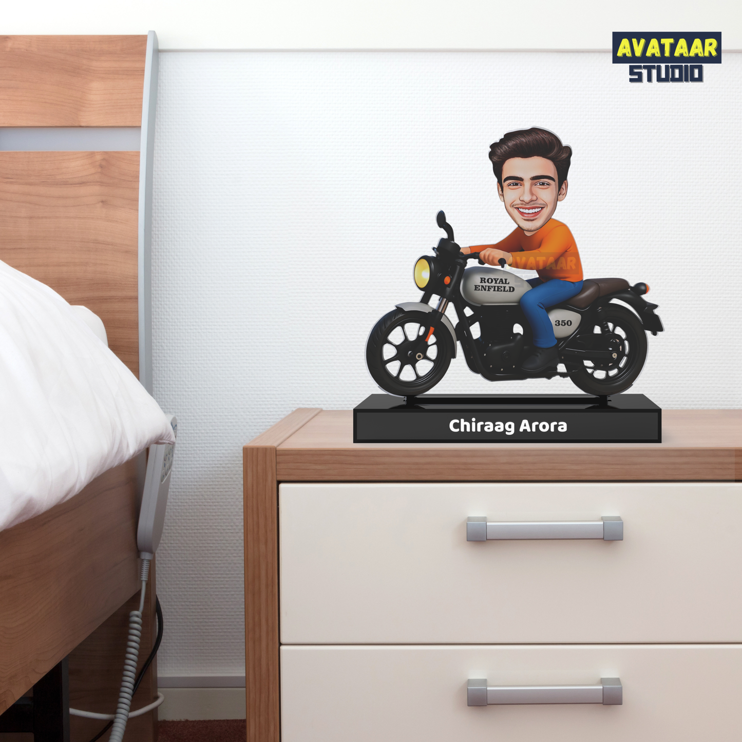 Royal Motorcycle Rider Avatar Stand – Personalized Acrylic Biker Display with Name