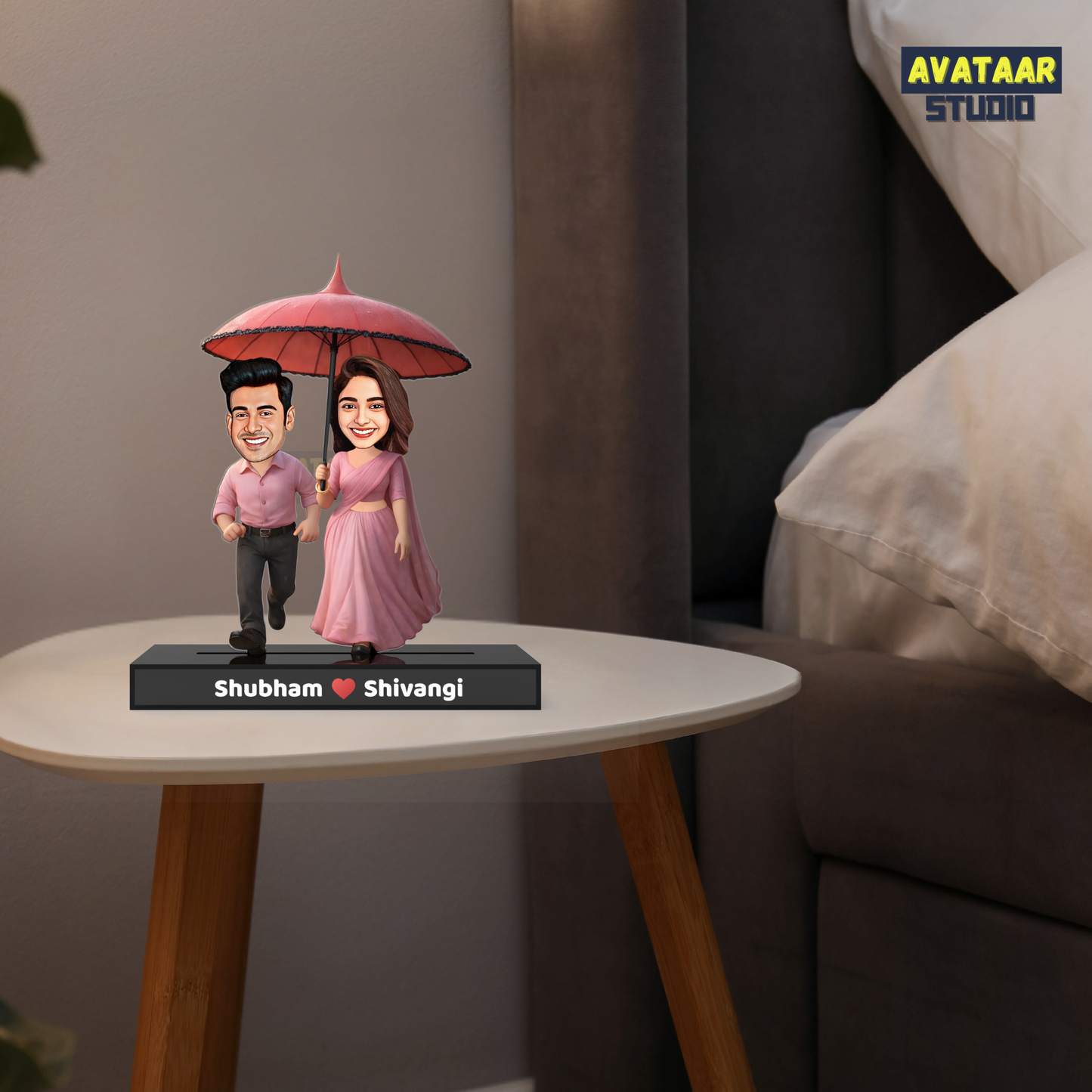 Romantic Couple Avataar Stand – Personalized Acrylic Gift with Umbrella Scene