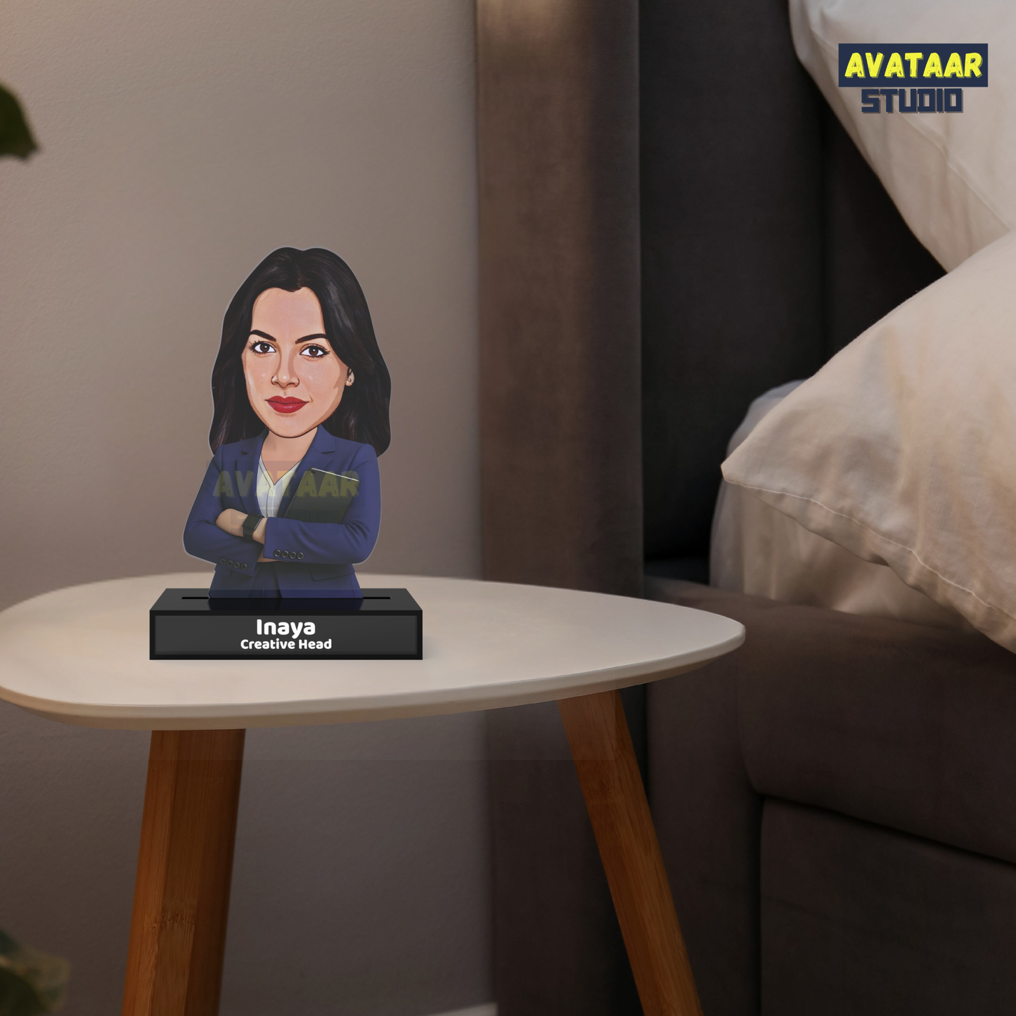 Personalized Female Professional Avataar Stand – Custom Office Acrylic Stand with Name & Designation