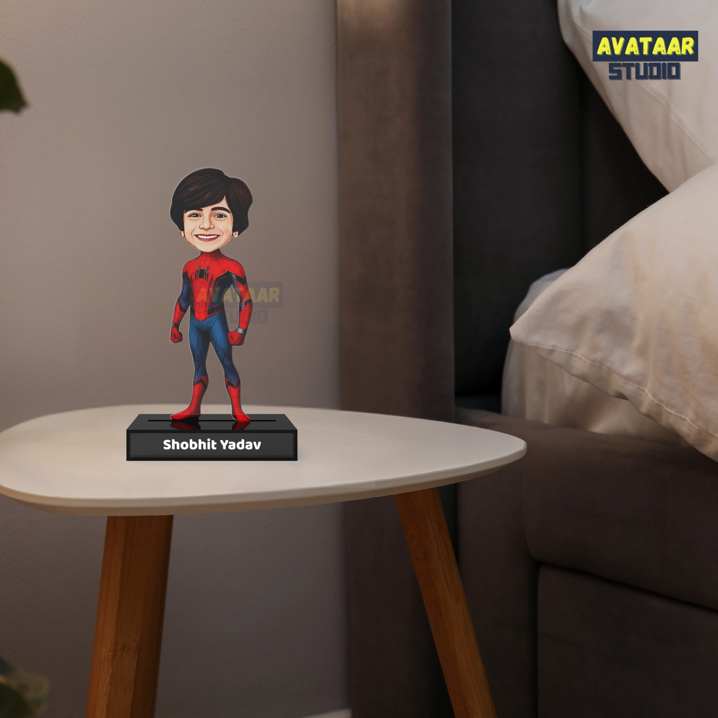 Personalized Kids Superhero (Spiderman) Avataar Stand – Custom Acrylic Hero Stand with Name