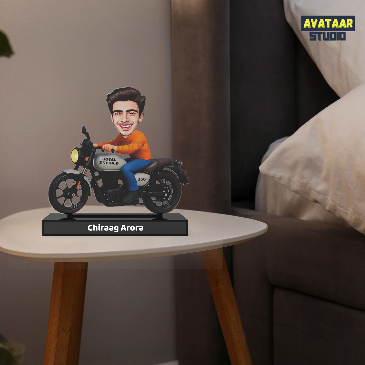 Royal Motorcycle Rider Avatar Stand – Personalized Acrylic Biker Display with Name