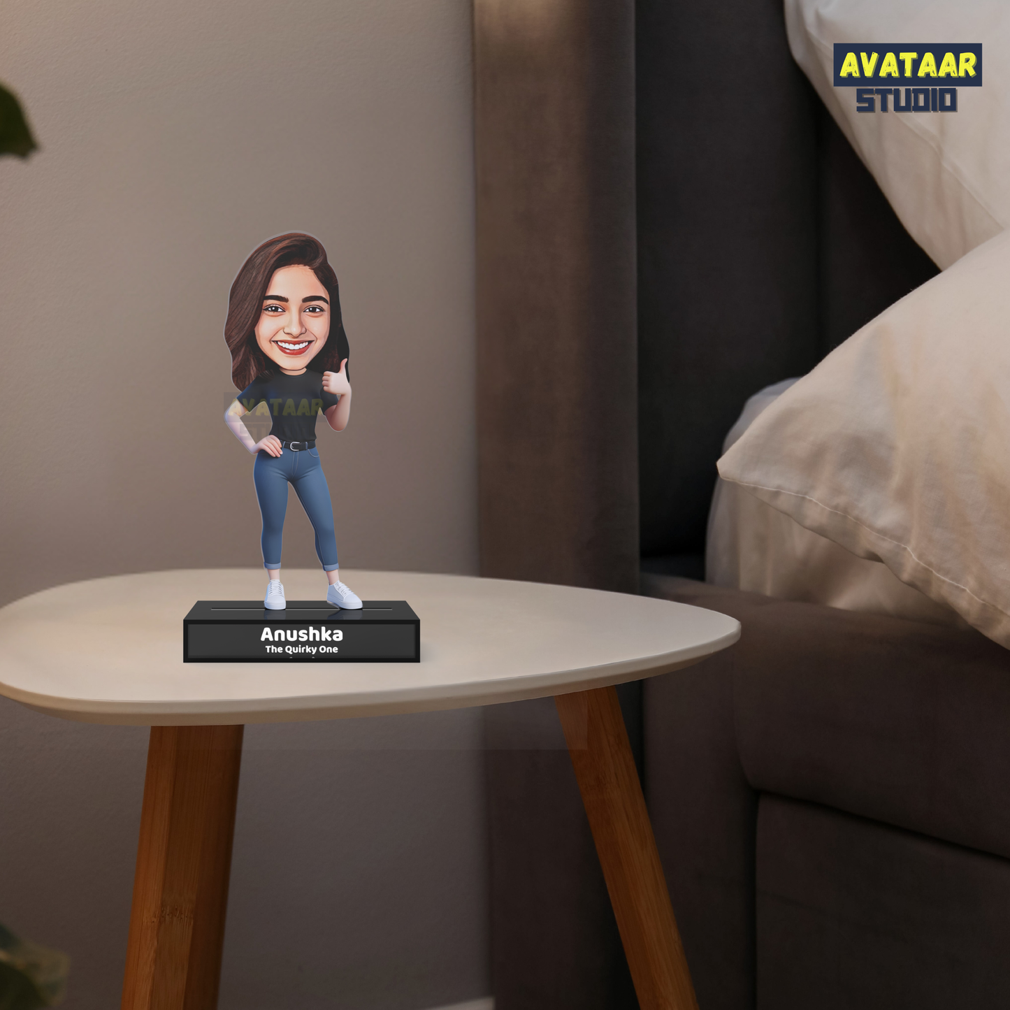 Personalized Girl Avatar Stand – Custom Acrylic Caricature with Name Tagline