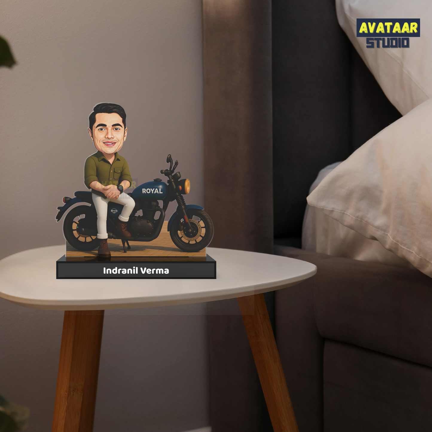 Classic Motorcycle Rider Avataar Stand – Personalized Acrylic Biker Display with Name