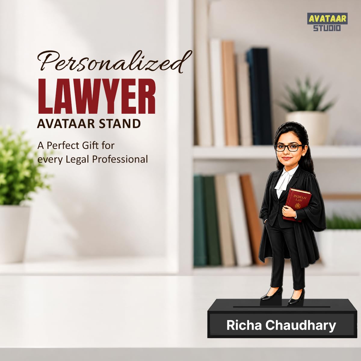 Personalized Lady Lawyer Avataar Stand with Name, Custom Photo Caricature Standee, Advocate-Themed Desk Decor, Personalized Gift for Lawyers, Advocates, Law Students & Legal Professionals (LAWYER, 7 INCHES)