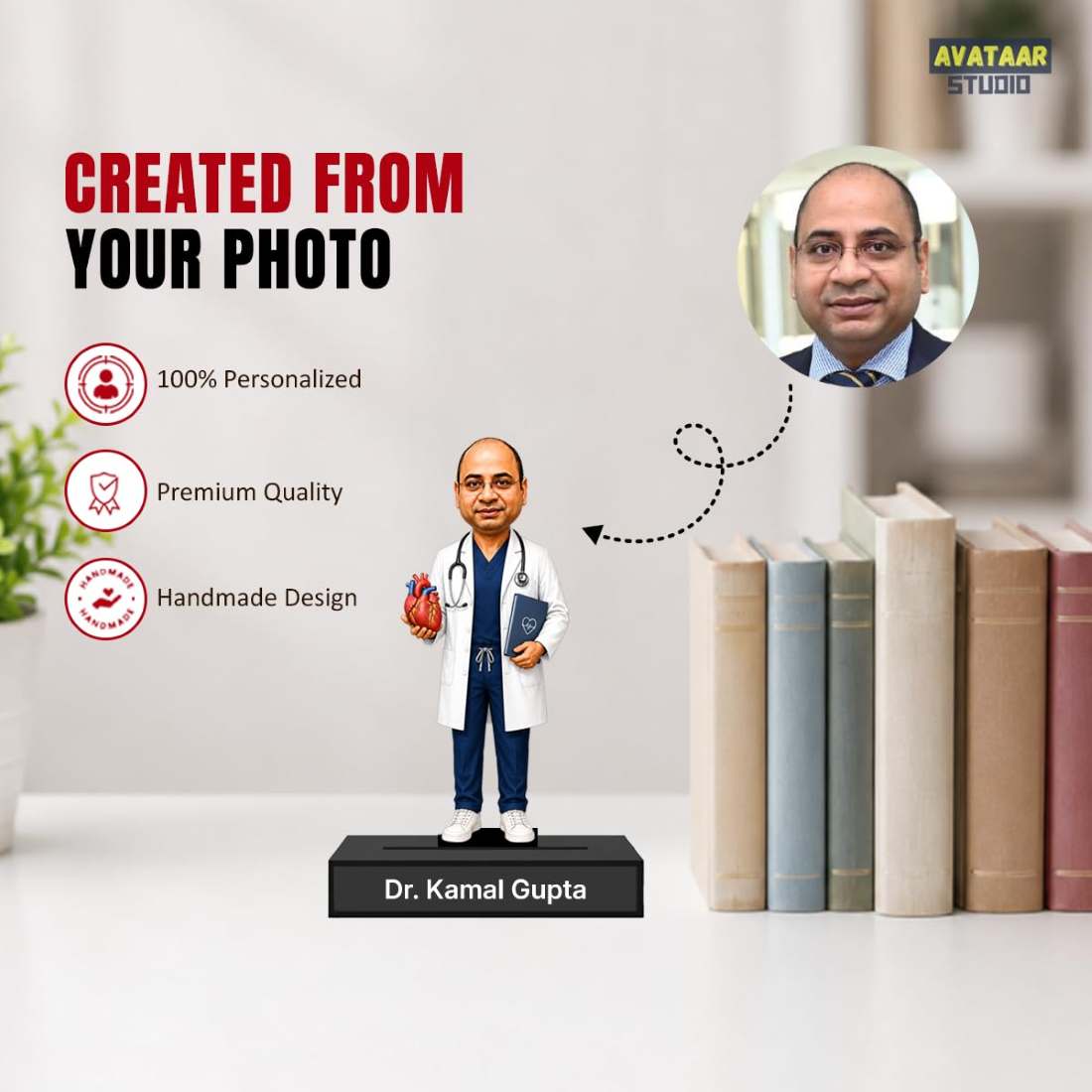 Personalized Heart Healer Avataar Stand with Name, Custom Photo Caricature Standee, Cardiologist-Themed Desk Decor, Personalized Gift for Cardiologists, Heart Specialists & Healthcare Professionals (HEART SURGEON, 7 INCHES)