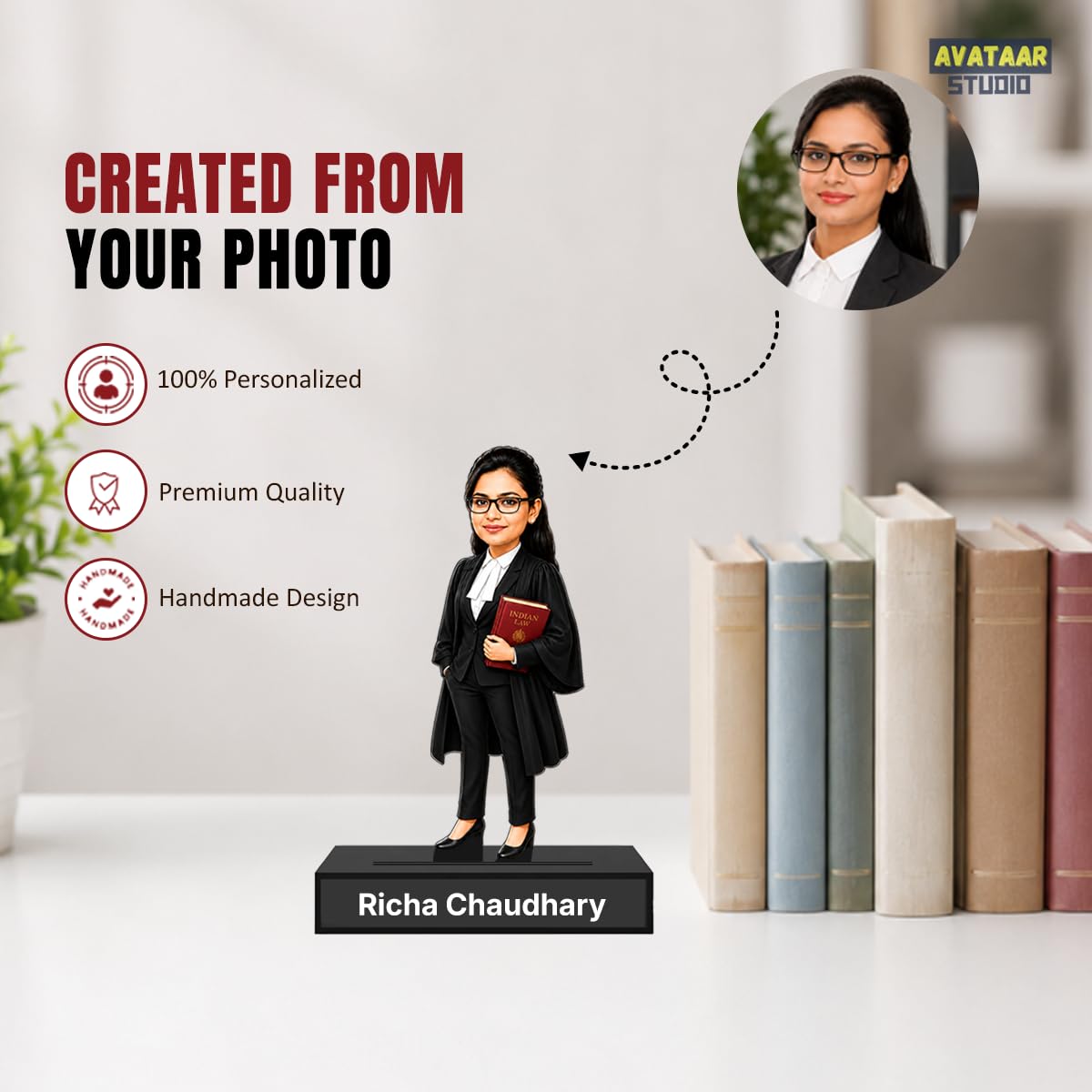 Personalized Lady Lawyer Avataar Stand with Name, Custom Photo Caricature Standee, Advocate-Themed Desk Decor, Personalized Gift for Lawyers, Advocates, Law Students & Legal Professionals (LAWYER, 7 INCHES)