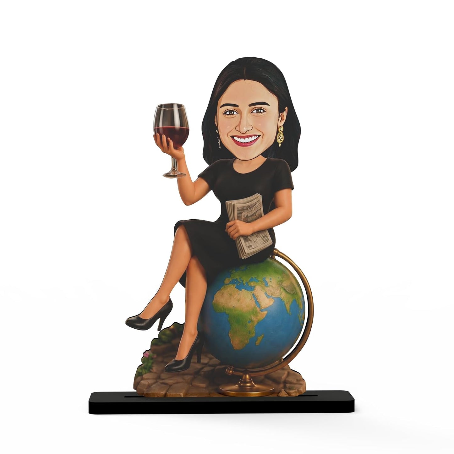 Personalized Globe Diva Avataar Stand with Name, Custom Photo Caricature Standee, Travel-Themed Desk Decor, Personalized Gift for Women, Travelers, Friends, Sisters & Colleagues (WANDER WOMAN, 7 INCHES)