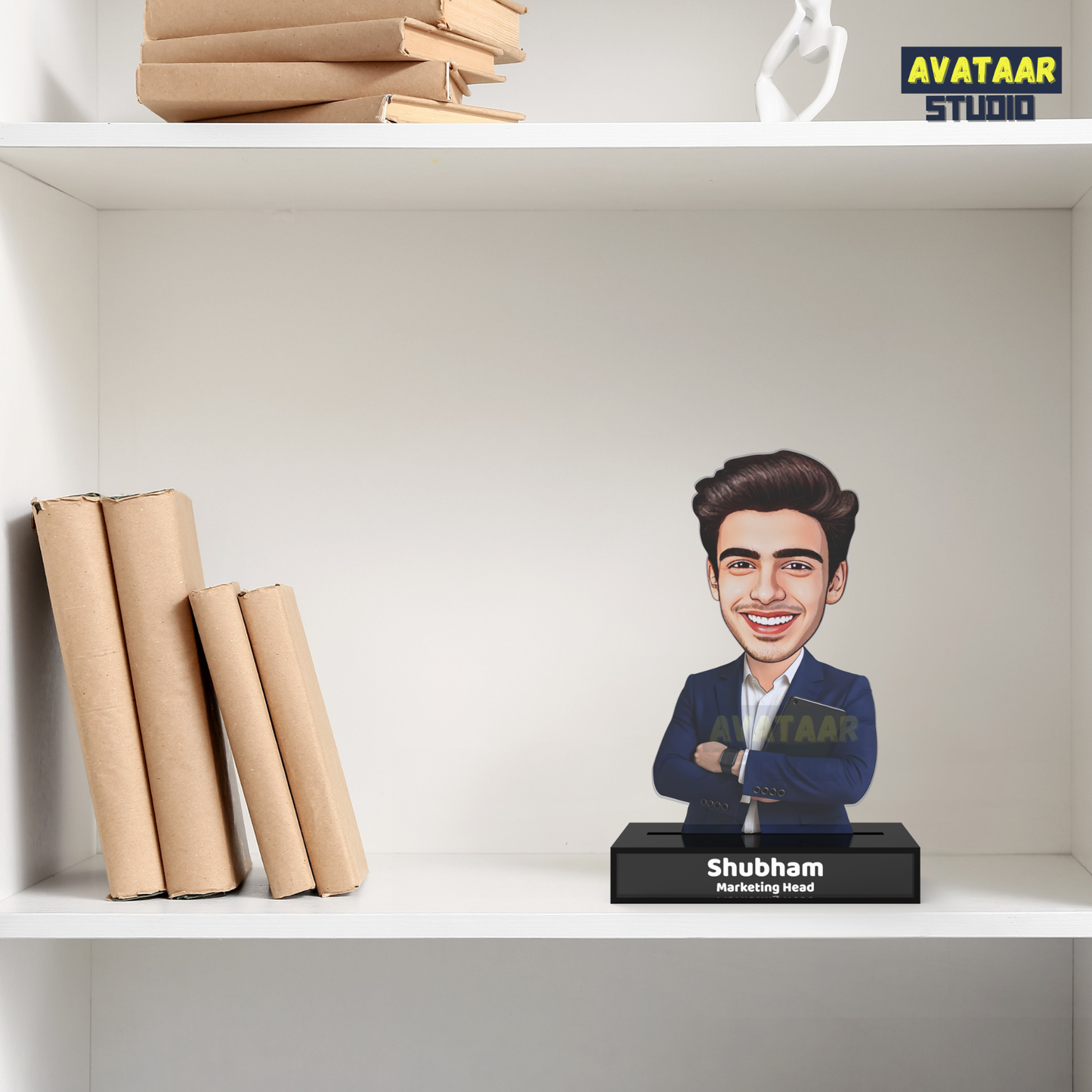 Personalized Male Professional Avataar Stand – Custom Office Acrylic Stand with Name & Designation