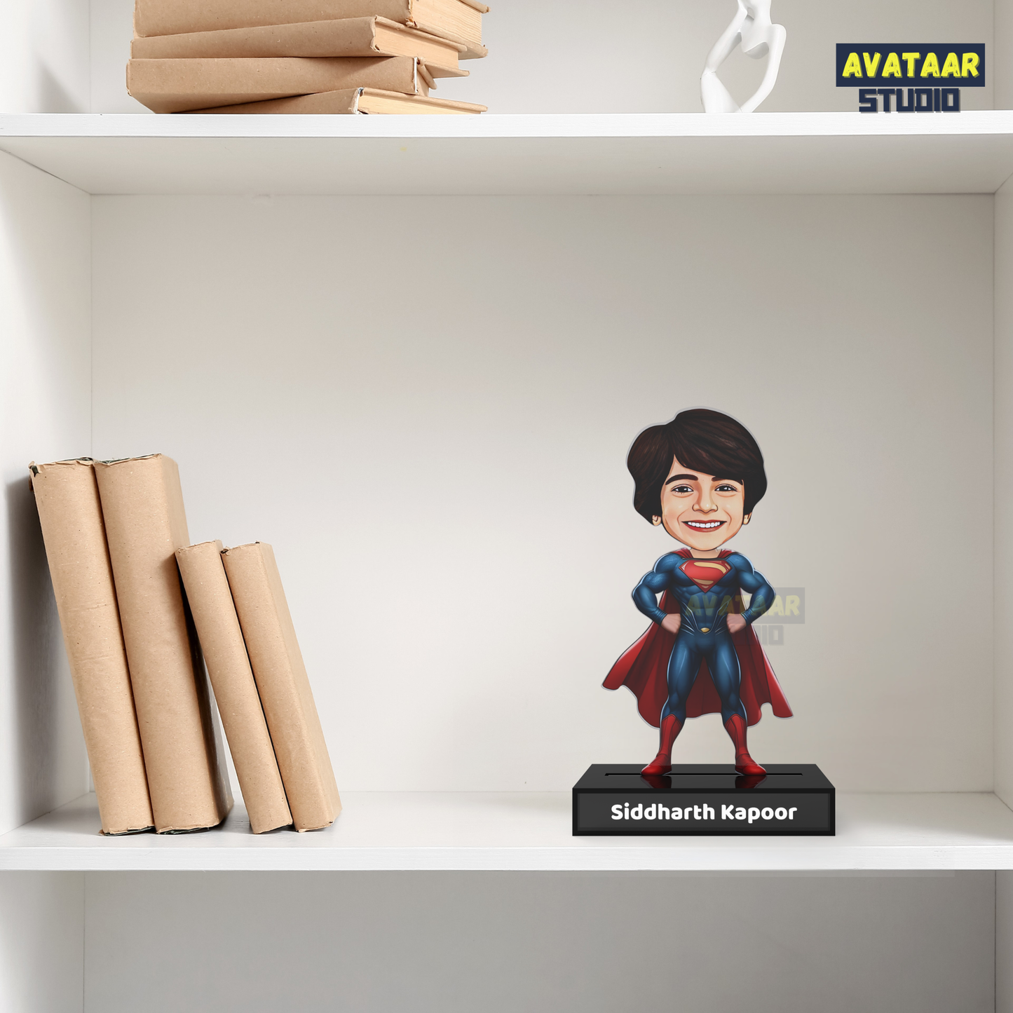 Personalized Kids Superhero (Superman) Avataar Stand – Custom Acrylic Hero Stand with Name