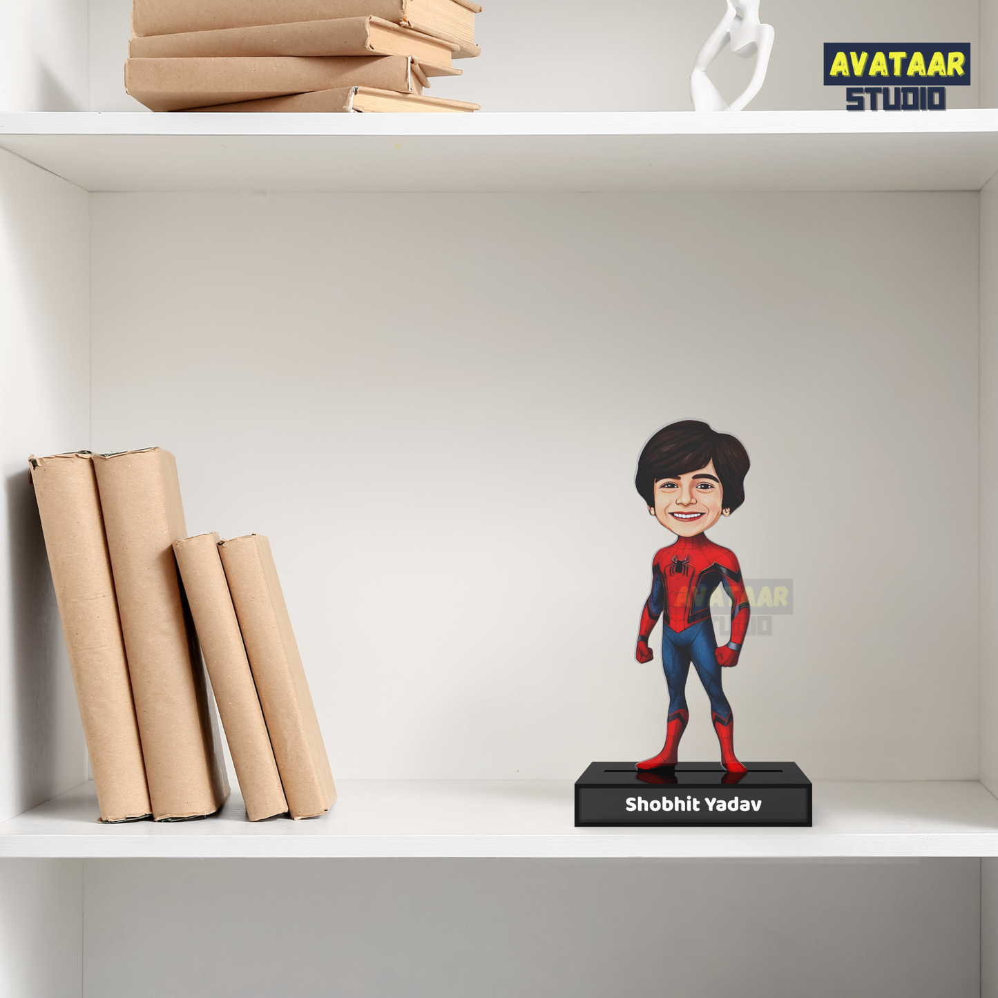 Personalized Kids Superhero (Spiderman) Avataar Stand – Custom Acrylic Hero Stand with Name