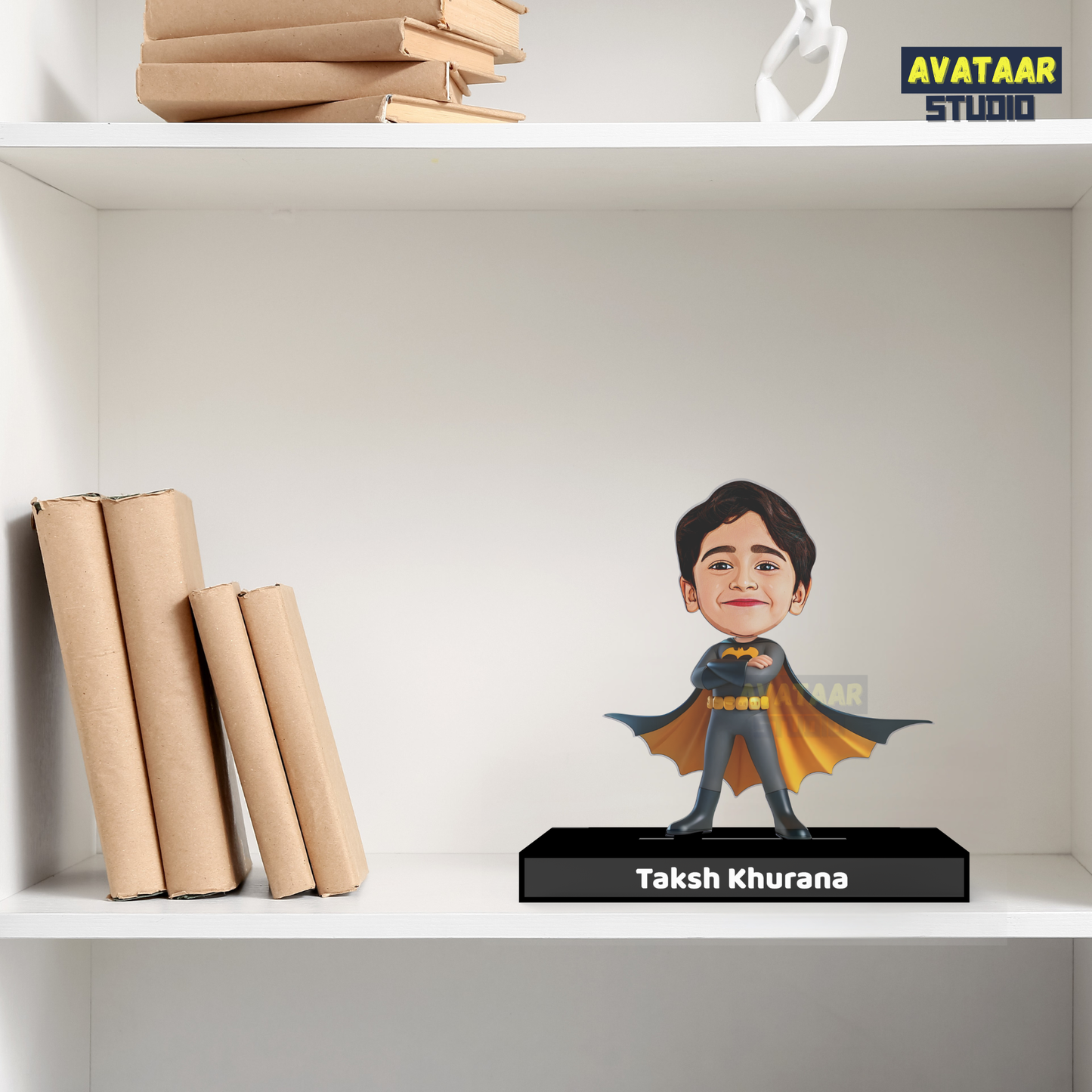 Personalized Kids Superhero (Batman) Avataar Stand – Custom Acrylic Hero Stand with Name