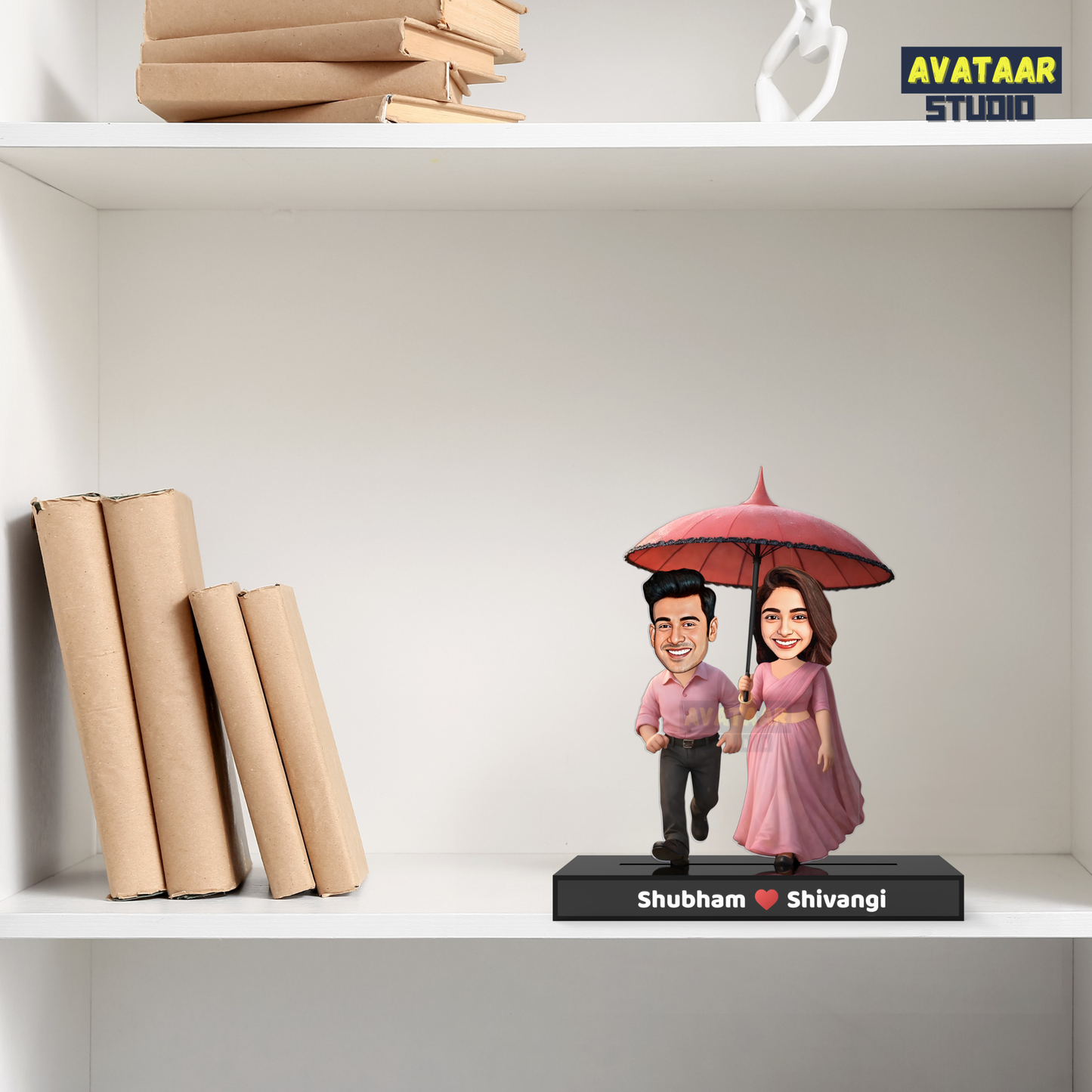 Romantic Couple Avataar Stand – Personalized Acrylic Gift with Umbrella Scene