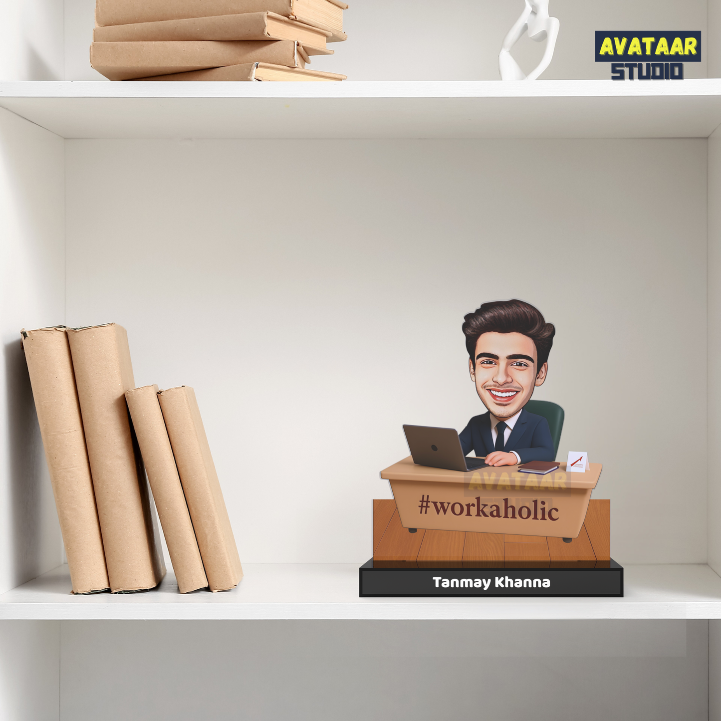 Personalized Office Avataar Stand – Custom Work Desk Acrylic Stand with Name (Male)