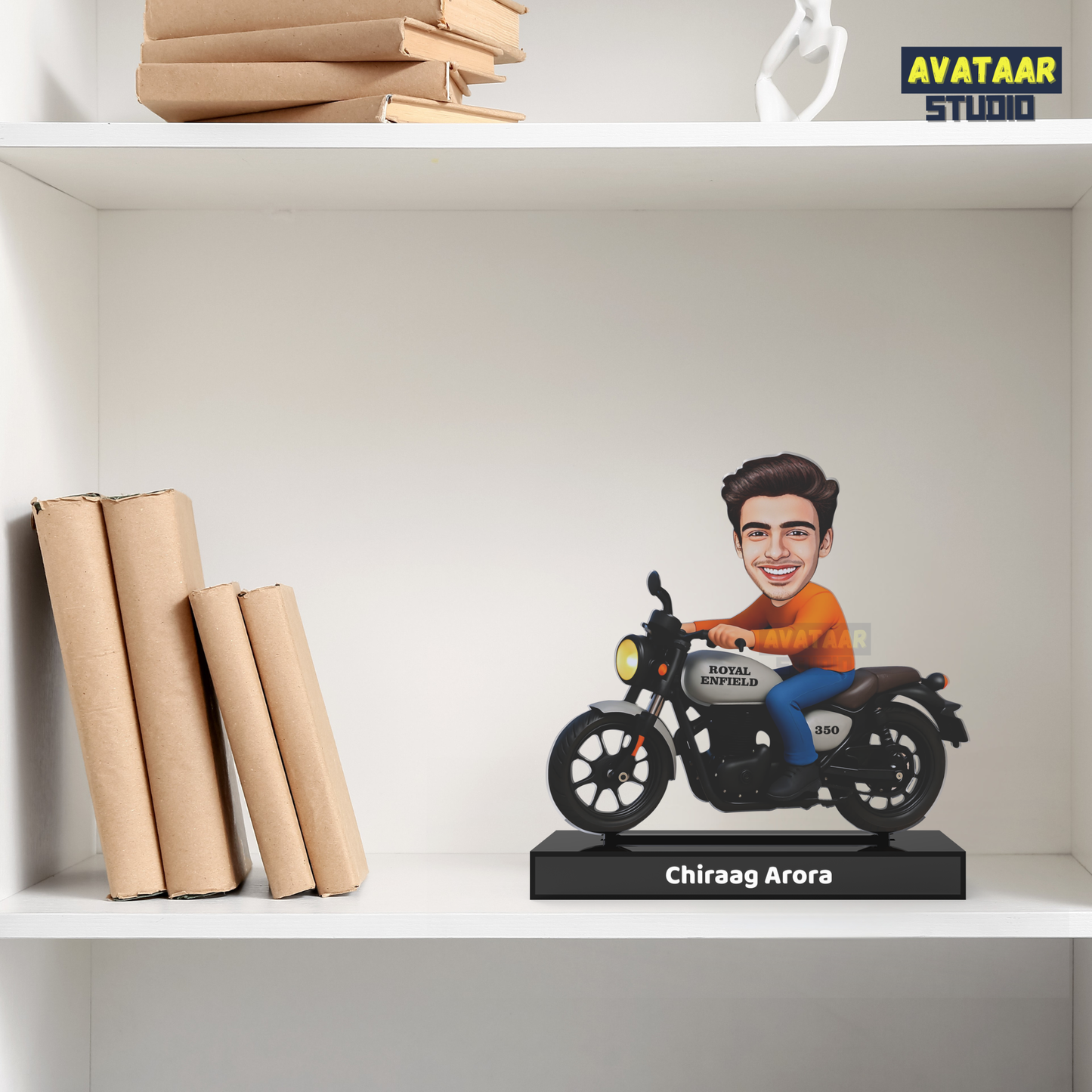 Royal Motorcycle Rider Avatar Stand – Personalized Acrylic Biker Display with Name