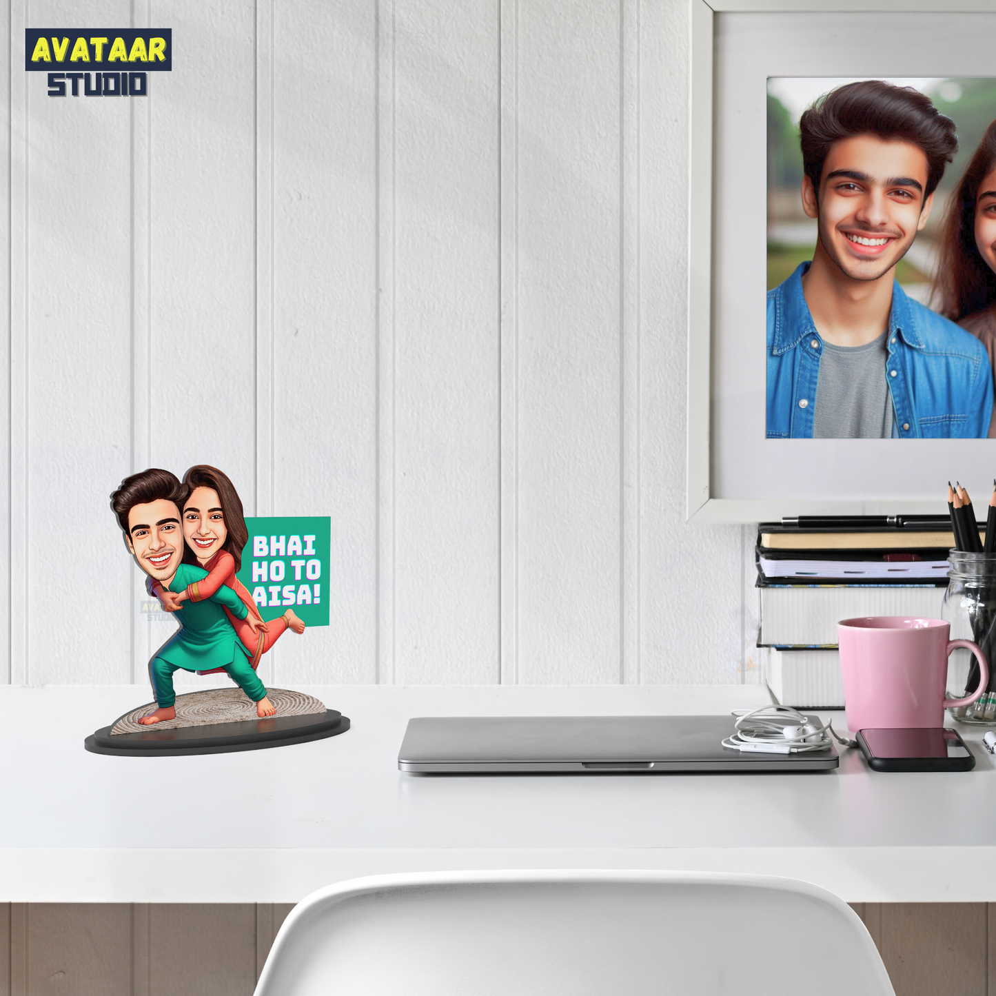 Avatar Studio Personalized Gift for Brother, Sister, Friends Character Caricature Photo Frame Unique Design Customized Gift for Bhai Dooj & Rakshabandhan (BRO SIS - 4)