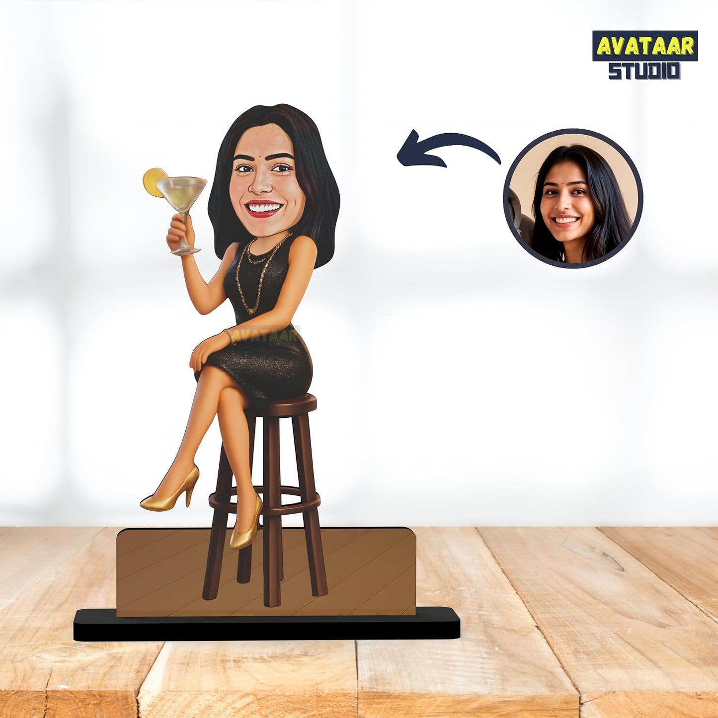 Personalized Cocktail Queen Avataar Stand with Name, Custom Photo Caricature Standee, Party-Themed Desk Decor, Personalized Gift for Women, Friends, Sisters, Girlfriends & Colleagues (COCKTAIL QUEEN, 7 INCHES)
