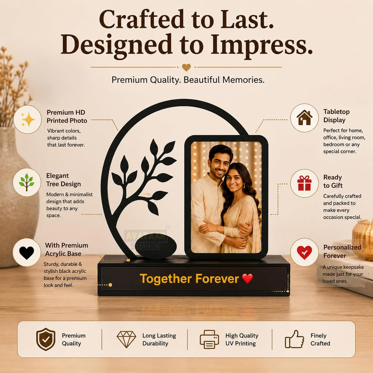 Personalized Photo Frame with Custom Name | Customized Table Top Photo Frame | Modern Decorative Picture Frame Gift for Couple, Anniversary, Wedding, Birthday, Valentine's Day (DESIGN 1, 8 INCHES)
