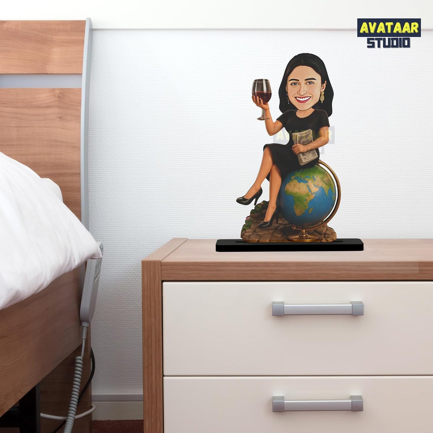 Personalized Globe Diva Avataar Stand with Name, Custom Photo Caricature Standee, Travel-Themed Desk Decor, Personalized Gift for Women, Travelers, Friends, Sisters & Colleagues (WANDER WOMAN, 7 INCHES)