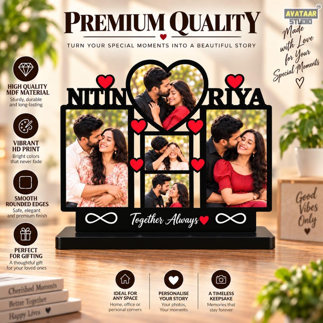 Personalized Photo Frame with Custom Name | Customized Table Top Photo Frame | Modern Decorative Picture Frame Gift for Couple, Anniversary, Wedding, Birthday, Valentine's Day (DESIGN 8, 8 INCHES)