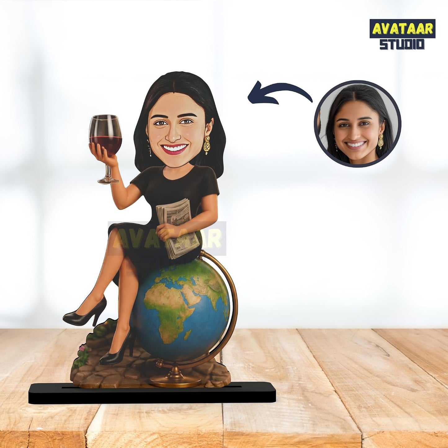 Personalized Globe Diva Avataar Stand with Name, Custom Photo Caricature Standee, Travel-Themed Desk Decor, Personalized Gift for Women, Travelers, Friends, Sisters & Colleagues (WANDER WOMAN, 7 INCHES)