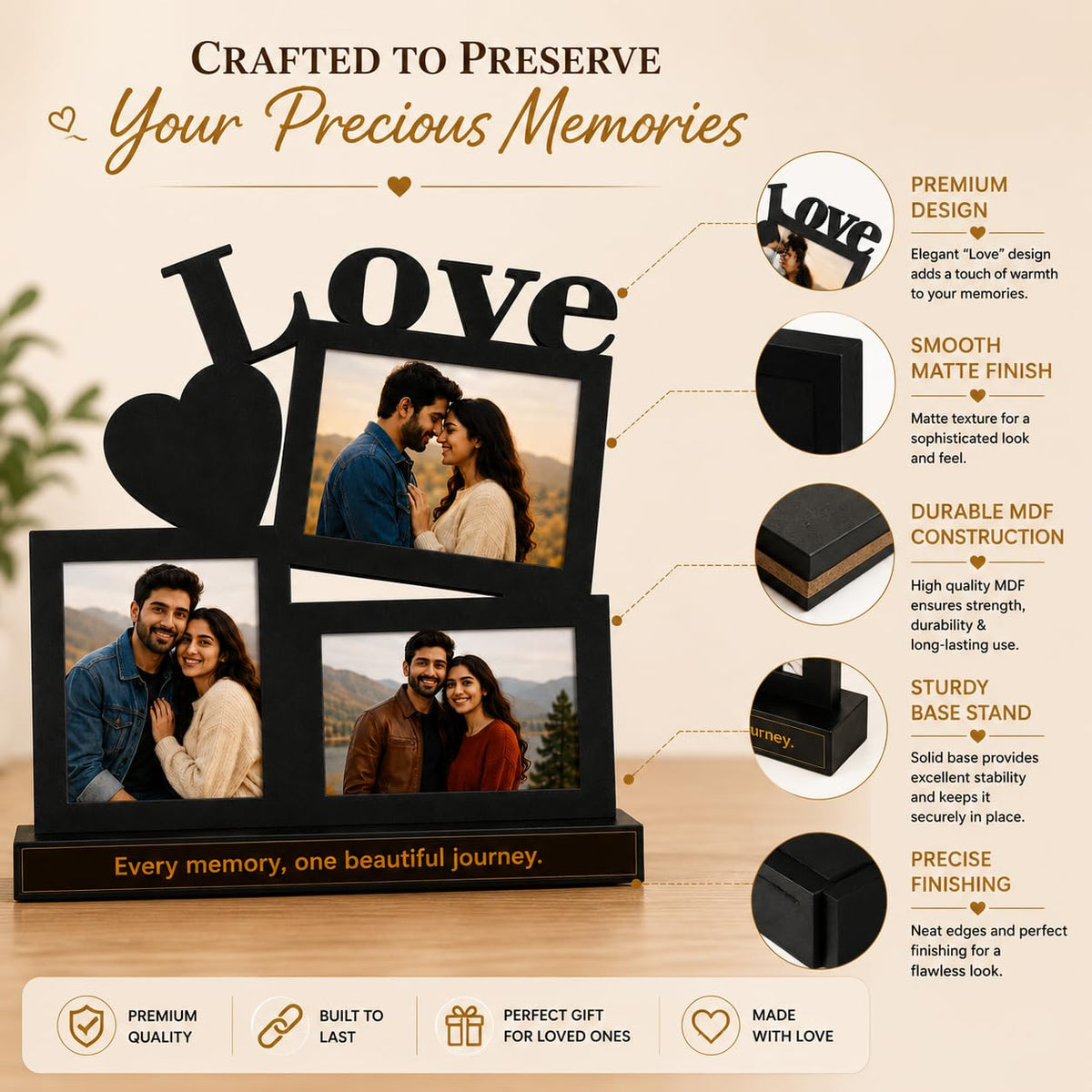 Personalized Photo Frame with Custom Name | Customized Table Top Photo Frame | Modern Decorative Picture Frame Gift for Couple, Anniversary, Wedding, Birthday, Valentine's Day (DESIGN 6, 8 INCHES)