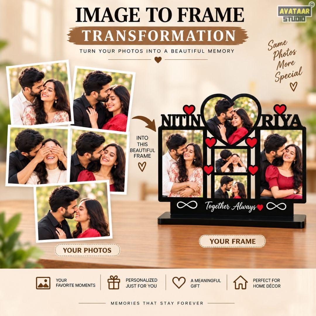 Personalized Photo Frame with Custom Name | Customized Table Top Photo Frame | Modern Decorative Picture Frame Gift for Couple, Anniversary, Wedding, Birthday, Valentine's Day (DESIGN 8, 8 INCHES)