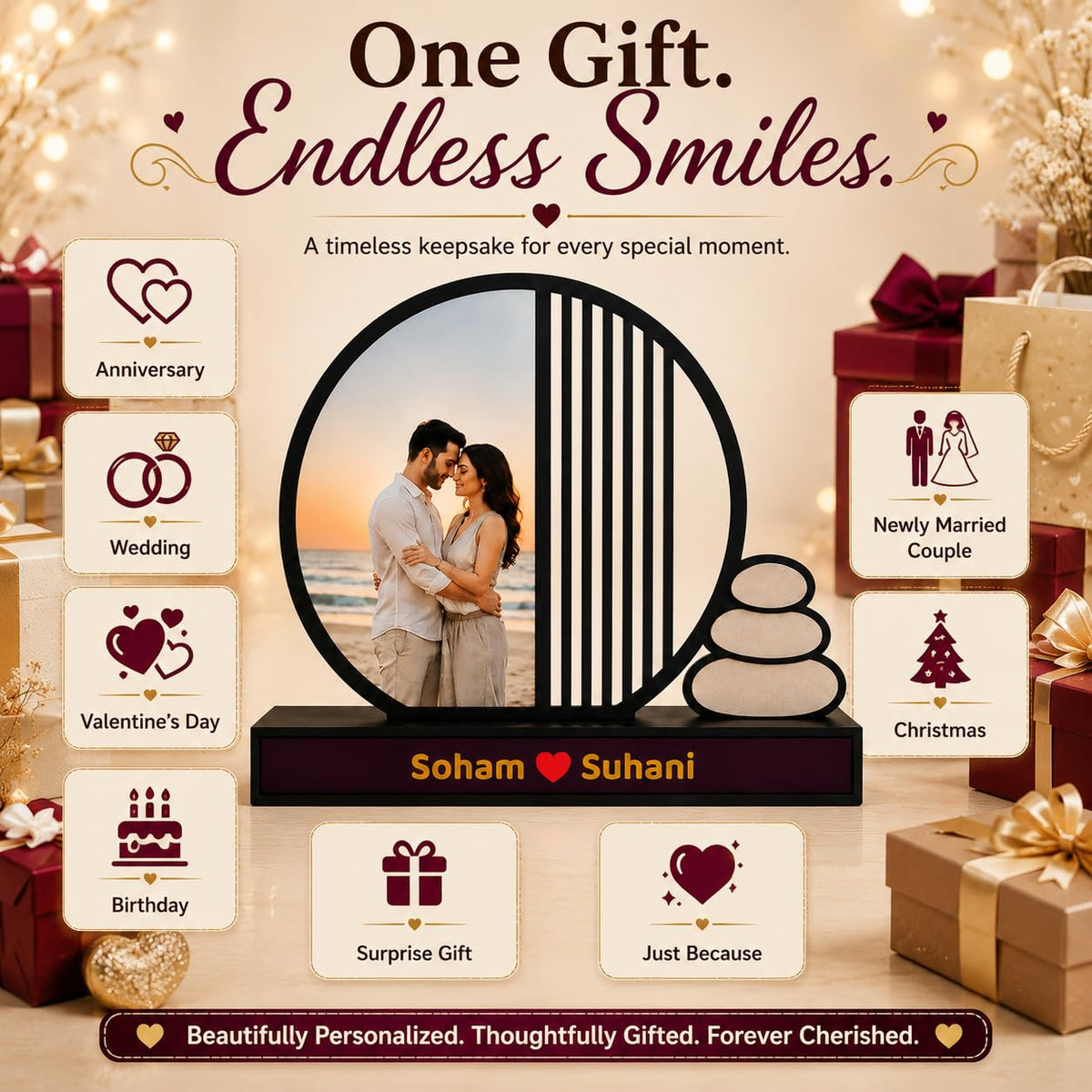 Personalized Photo Frame with Custom Name | Customized Table Top Photo Frame | Modern Decorative Picture Frame Gift for Couple, Anniversary, Wedding, Birthday, Valentine's Day (DESIGN 2, 8 INCHES)