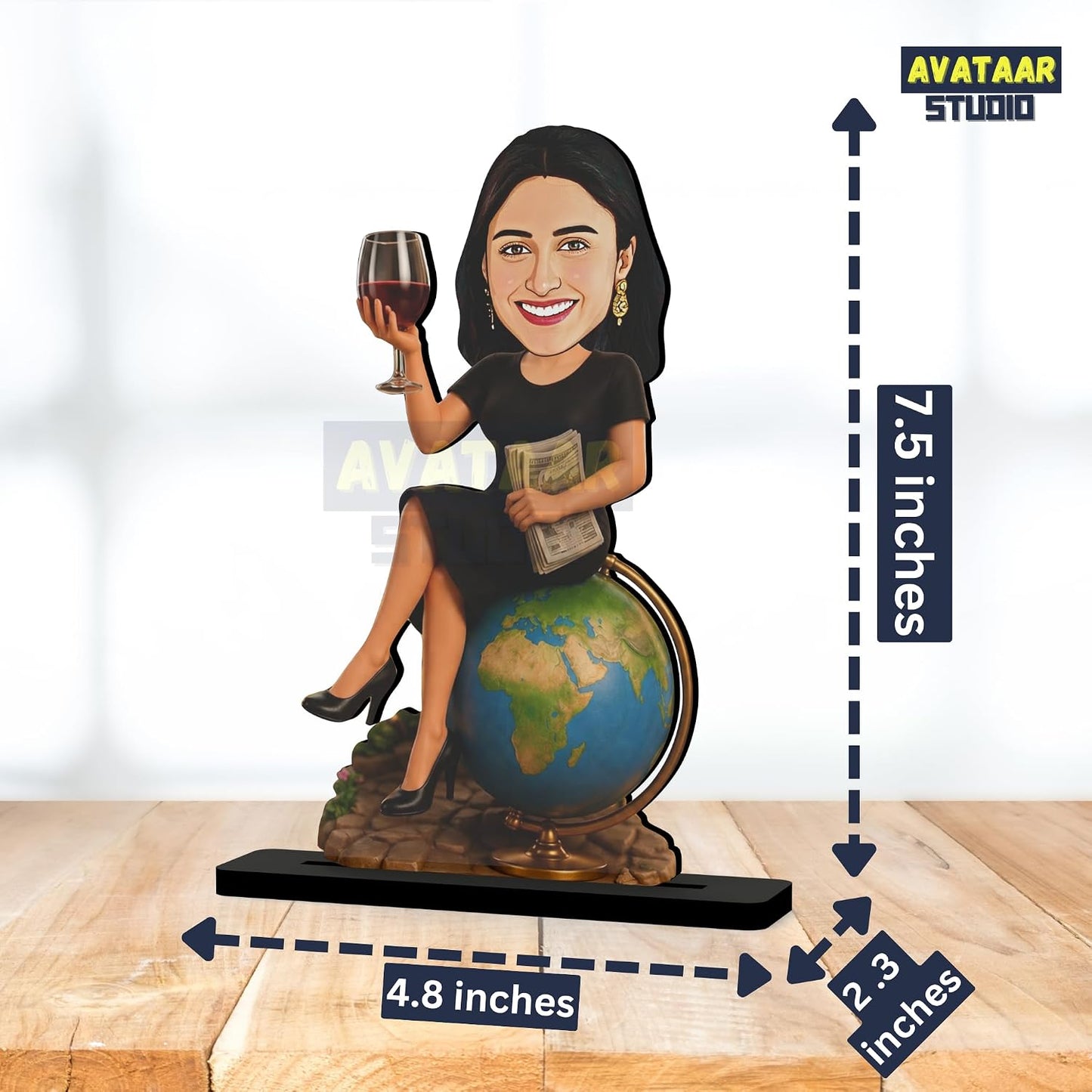 Personalized Globe Diva Avataar Stand with Name, Custom Photo Caricature Standee, Travel-Themed Desk Decor, Personalized Gift for Women, Travelers, Friends, Sisters & Colleagues (WANDER WOMAN, 7 INCHES)