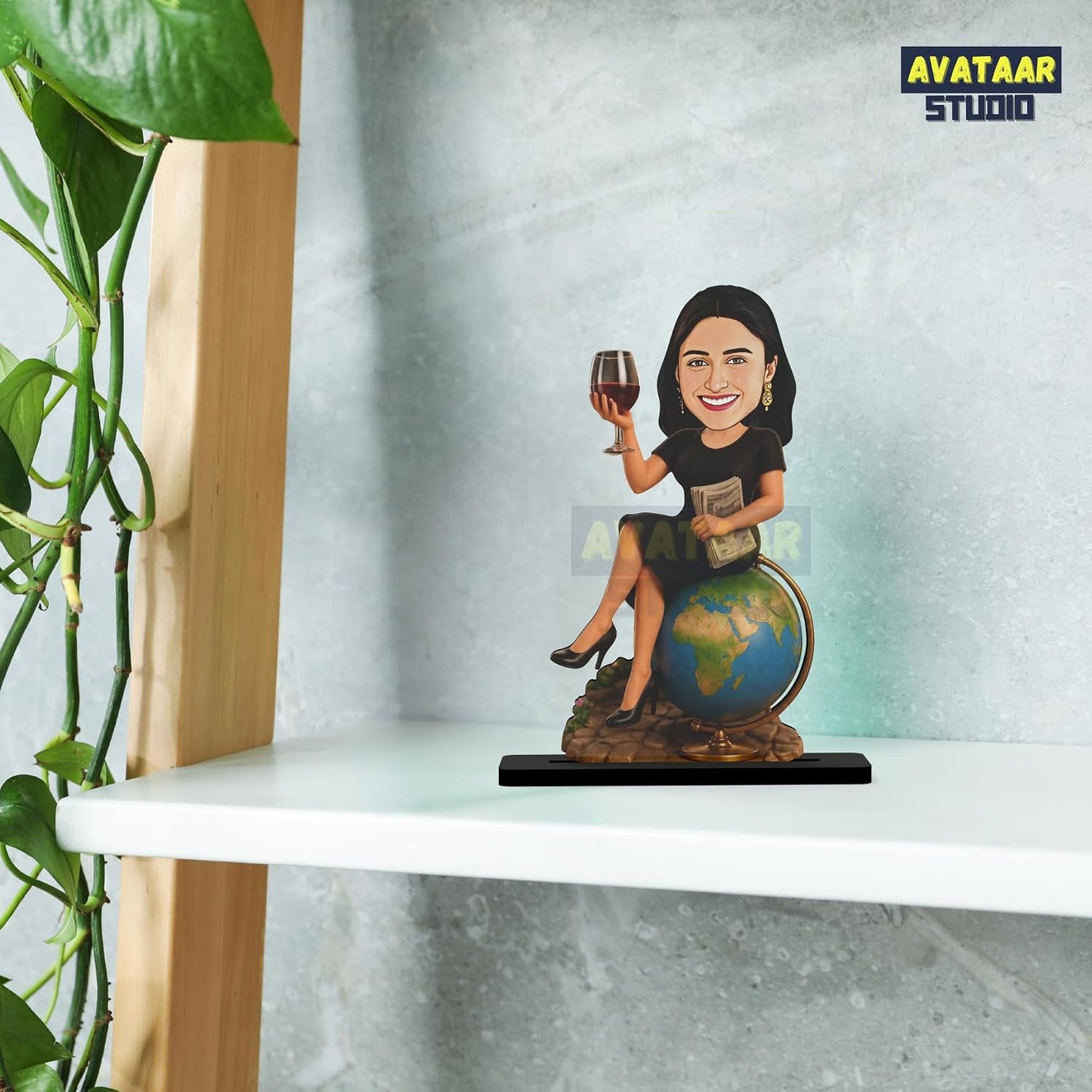 Personalized Globe Diva Avataar Stand with Name, Custom Photo Caricature Standee, Travel-Themed Desk Decor, Personalized Gift for Women, Travelers, Friends, Sisters & Colleagues (WANDER WOMAN, 7 INCHES)