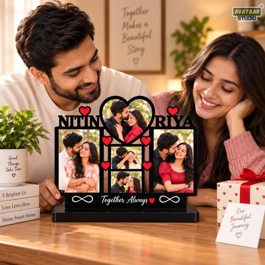 Personalized Photo Frame with Custom Name | Customized Table Top Photo Frame | Modern Decorative Picture Frame Gift for Couple, Anniversary, Wedding, Birthday, Valentine's Day (DESIGN 8, 8 INCHES)