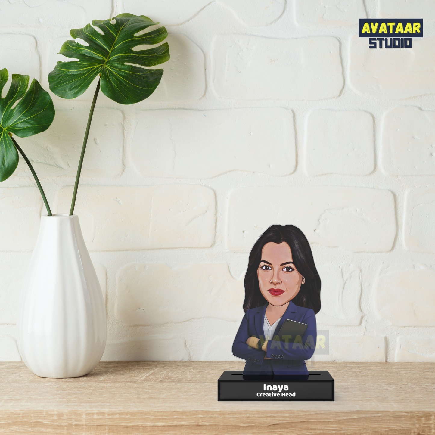 Personalized Female Professional Avataar Stand – Custom Office Acrylic Stand with Name & Designation