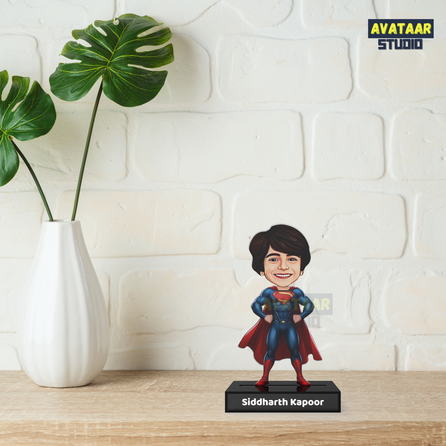 Personalized Kids Superhero (Superman) Avataar Stand – Custom Acrylic Hero Stand with Name