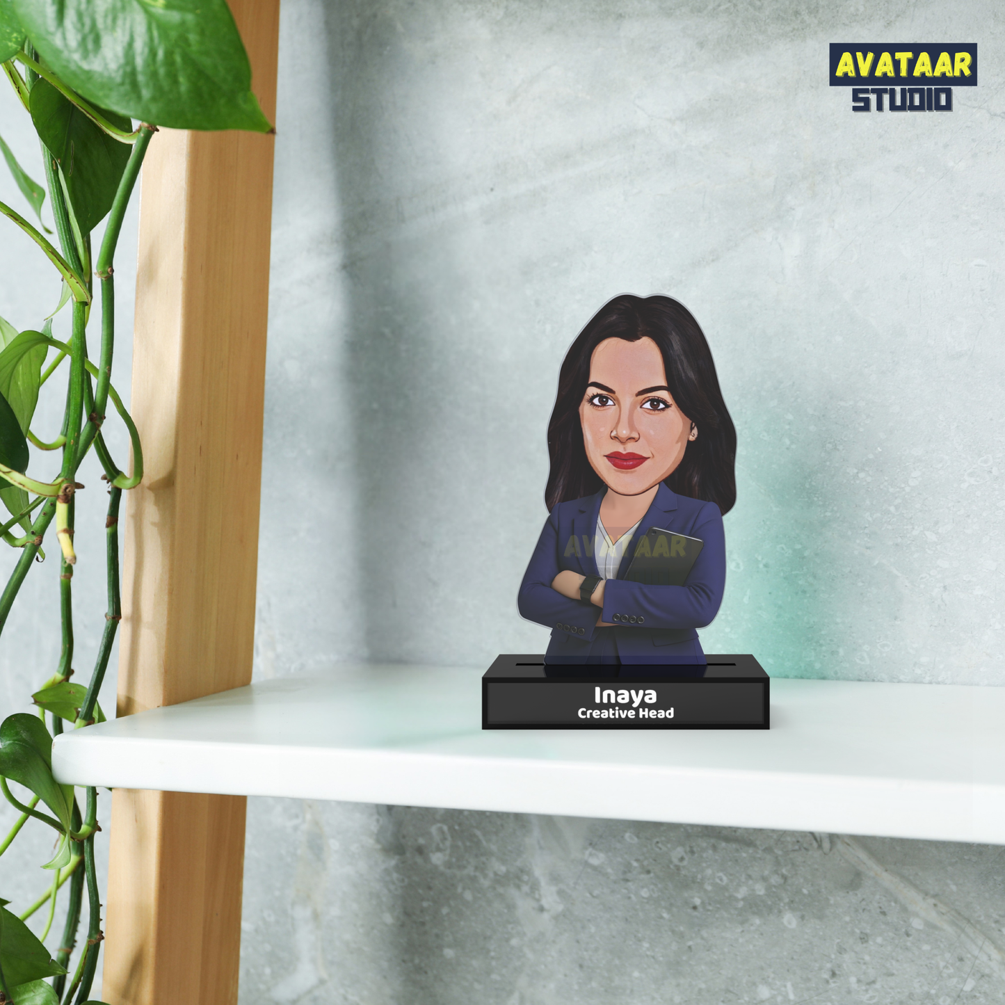 Personalized Female Professional Avataar Stand – Custom Office Acrylic Stand with Name & Designation