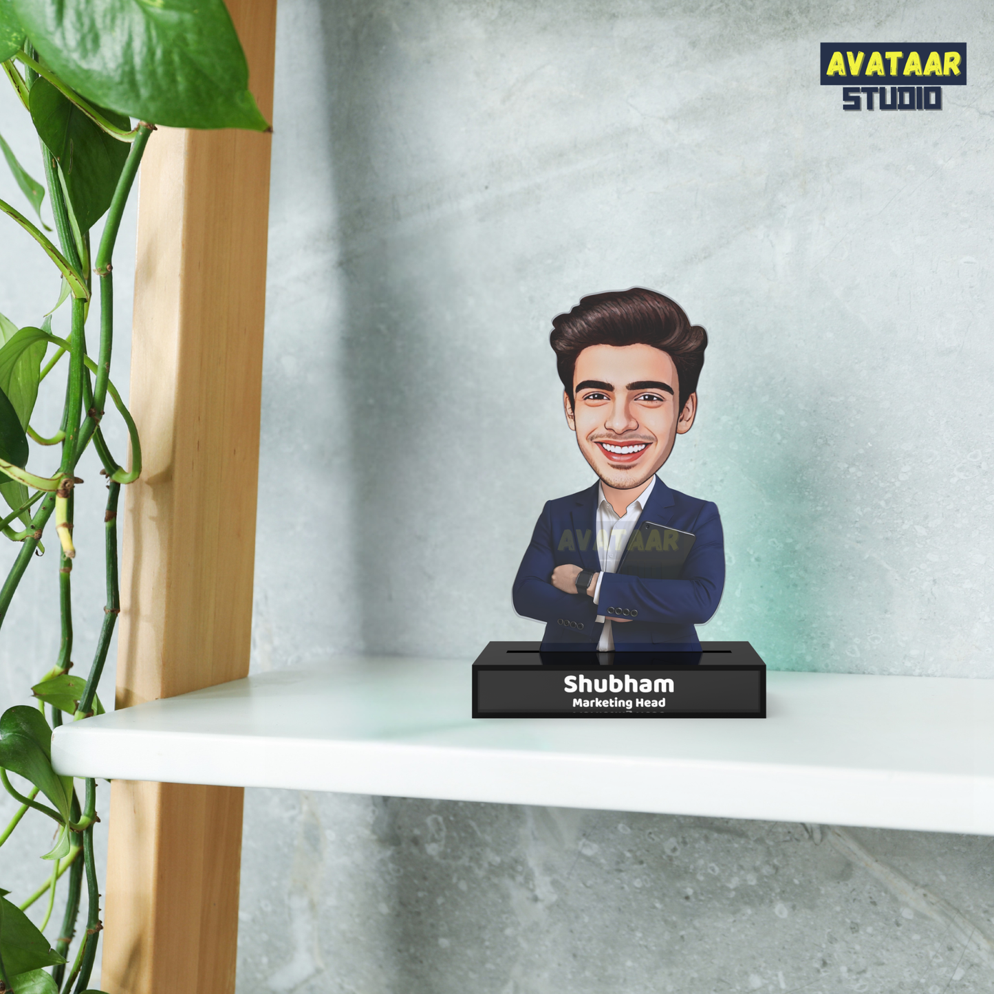 Personalized Male Professional Avataar Stand – Custom Office Acrylic Stand with Name & Designation