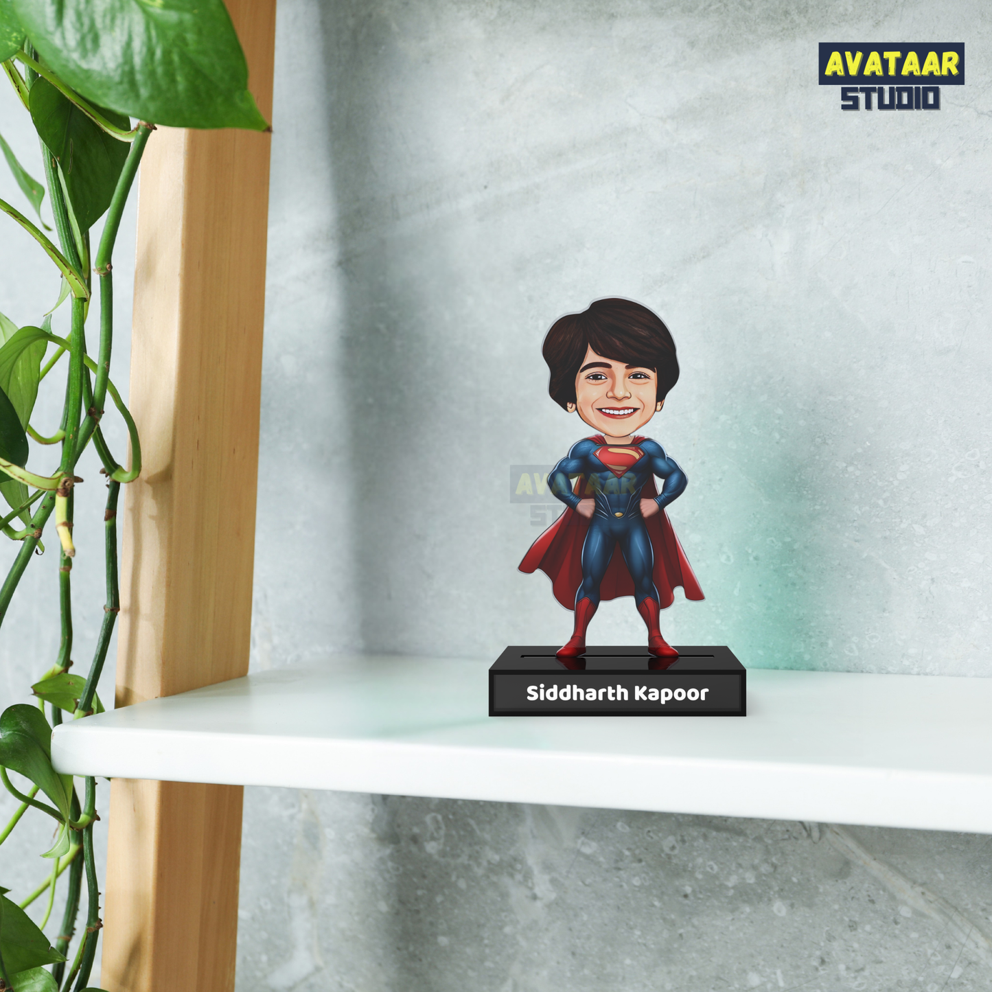 Personalized Kids Superhero (Superman) Avataar Stand – Custom Acrylic Hero Stand with Name