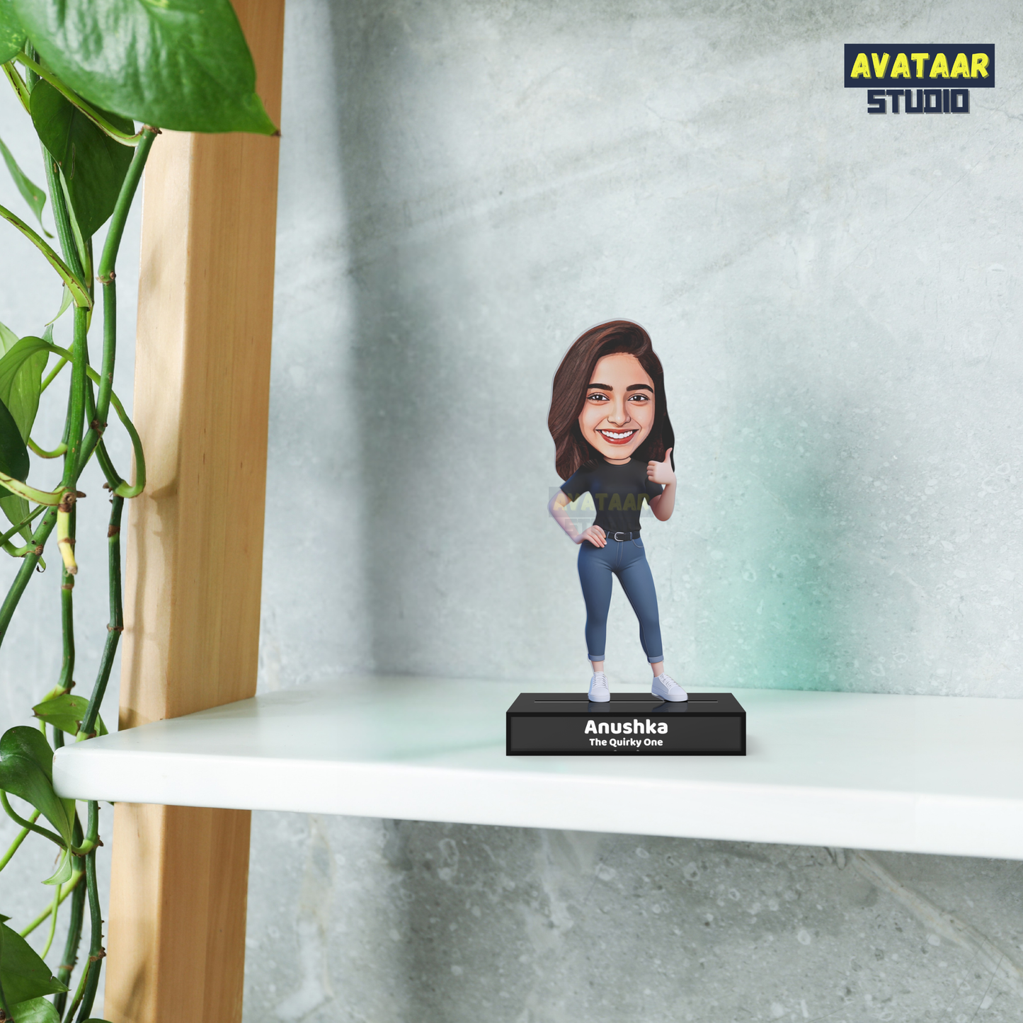 Personalized Girl Avatar Stand – Custom Acrylic Caricature with Name Tagline