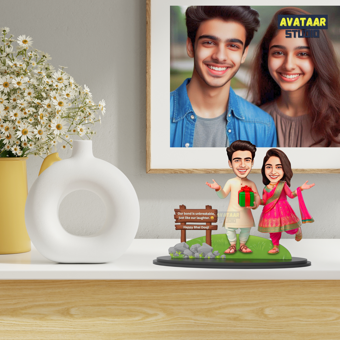 Avatar Studio Personalized Gift for Brother, Sister, Friends Character Caricature Photo Frame Unique Design Customized Gift for Bhai Dooj & Rakshabandhan (BRO SIS - 3)