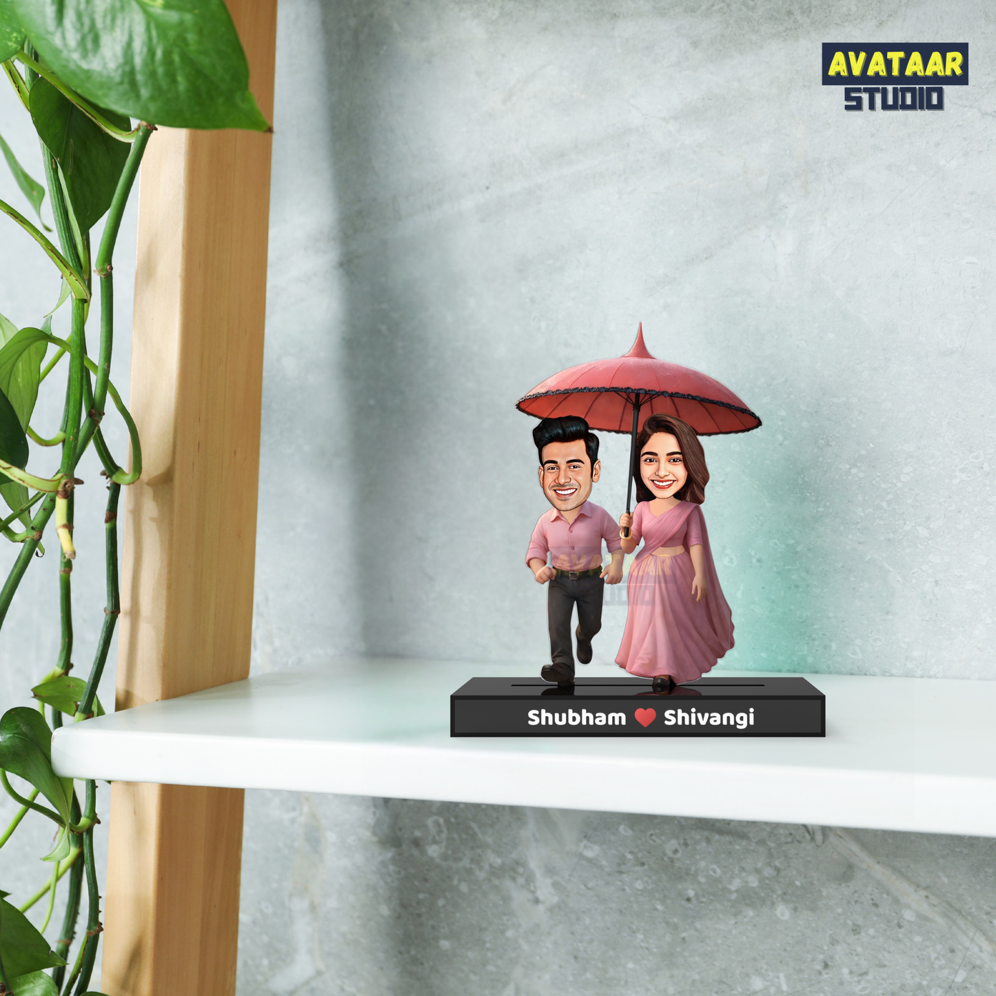Romantic Couple Avataar Stand – Personalized Acrylic Gift with Umbrella Scene