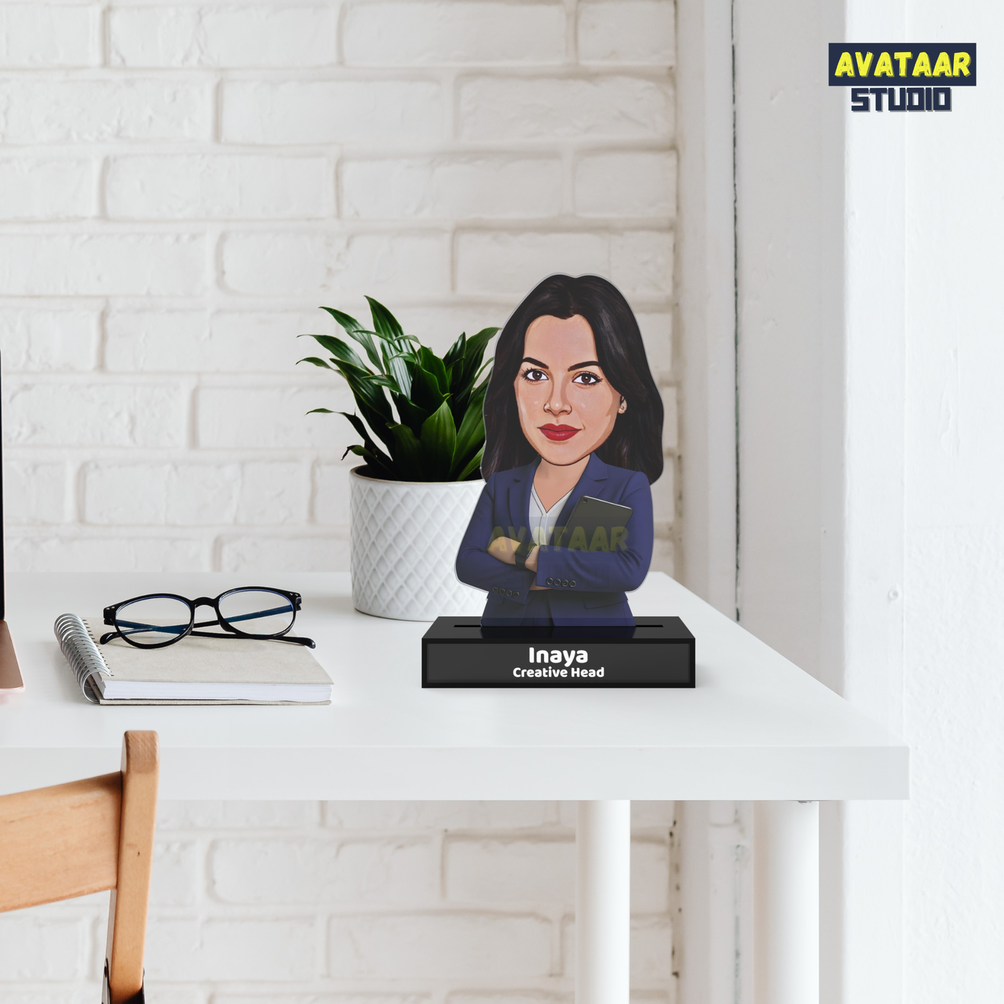 Personalized Female Professional Avataar Stand – Custom Office Acrylic Stand with Name & Designation