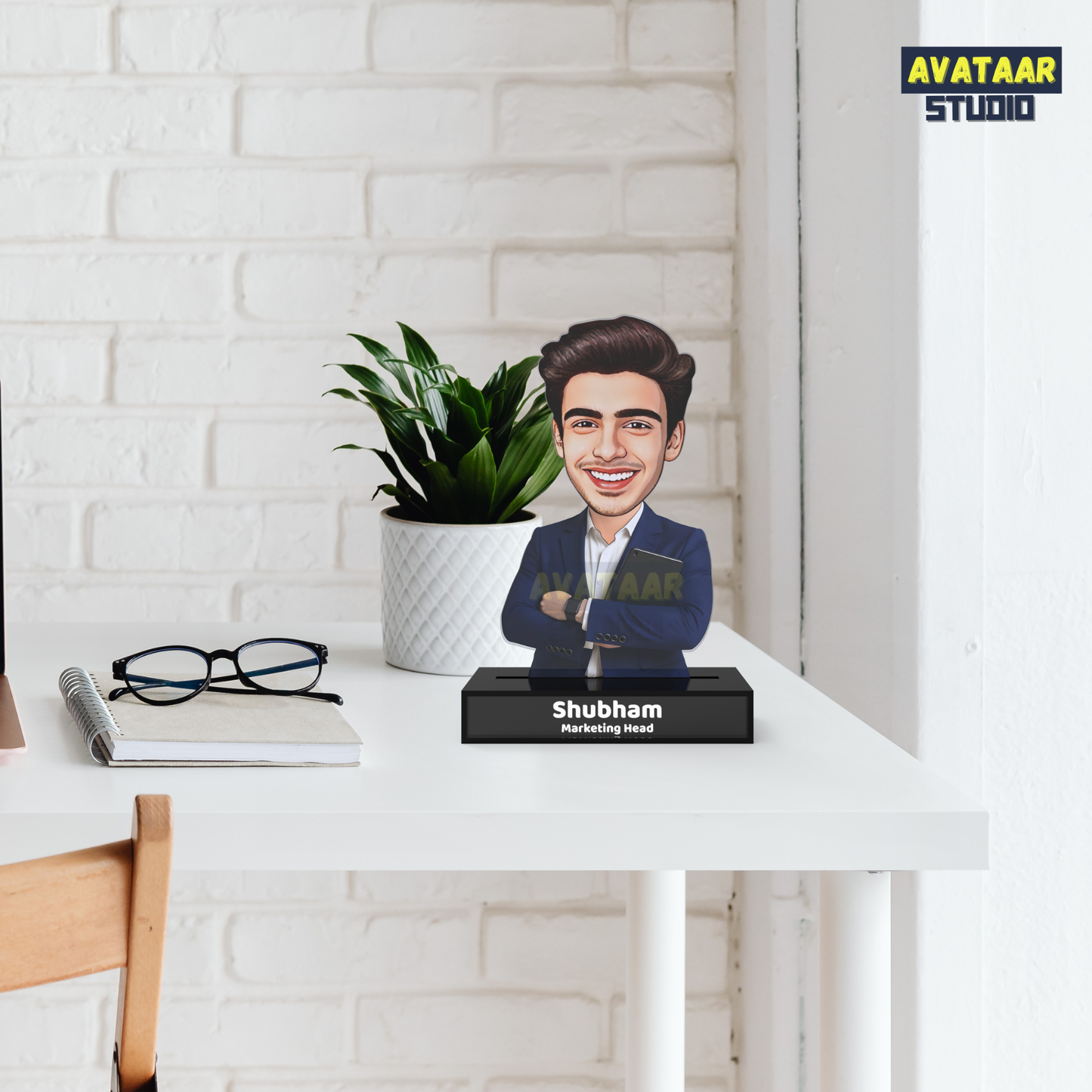 Personalized Male Professional Avataar Stand – Custom Office Acrylic Stand with Name & Designation