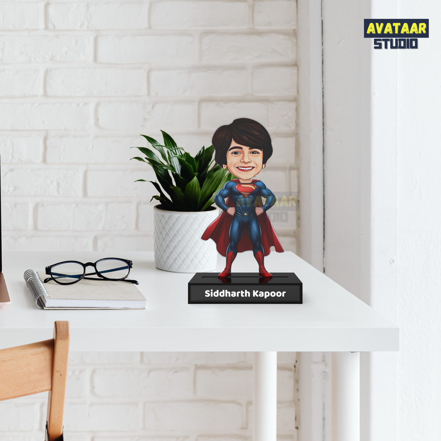 Personalized Kids Superhero (Superman) Avataar Stand – Custom Acrylic Hero Stand with Name