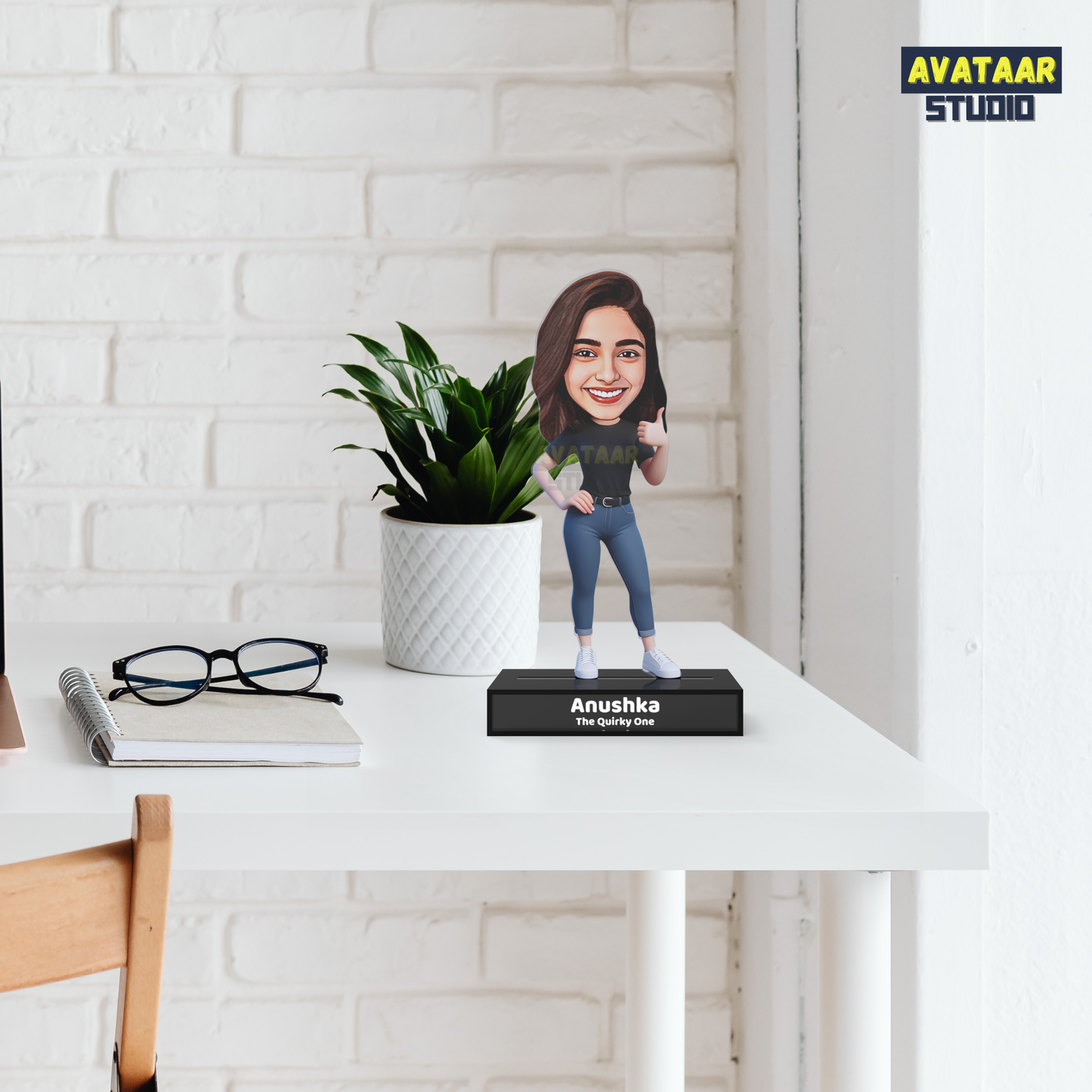 Personalized Girl Avatar Stand – Custom Acrylic Caricature with Name Tagline