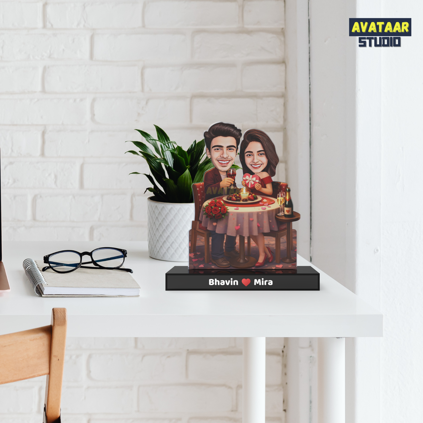 Romantic Dinner Couple Avataar Stand – Personalized Premium Acrylic Gift with Name