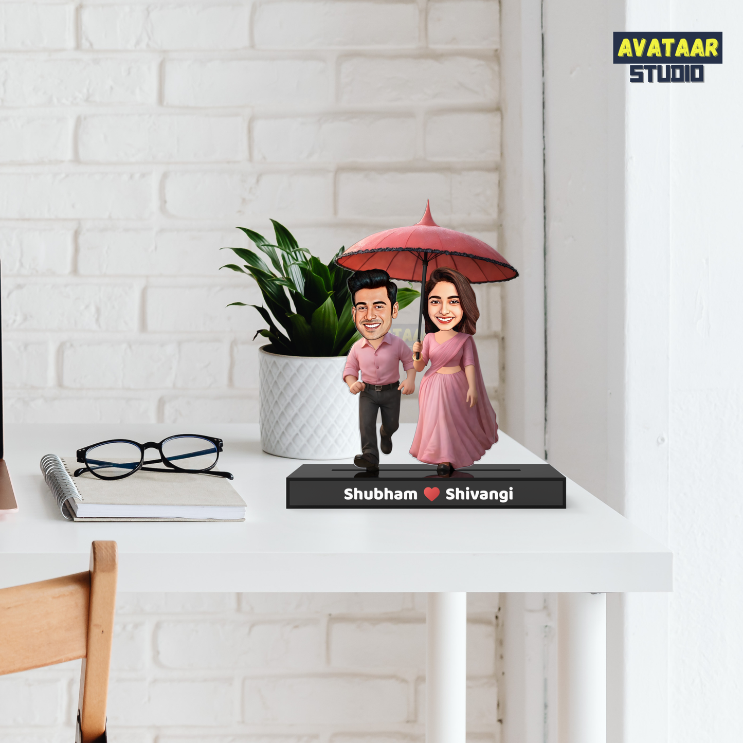Romantic Couple Avataar Stand – Personalized Acrylic Gift with Umbrella Scene