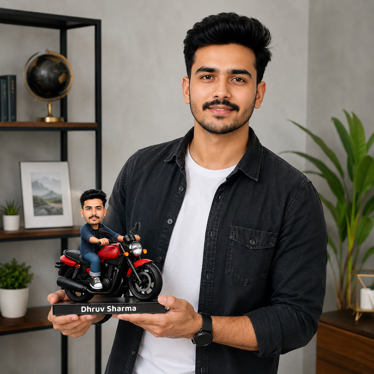 Man holding a personalized toy motorcycle with a miniature figure of himself on a stand.