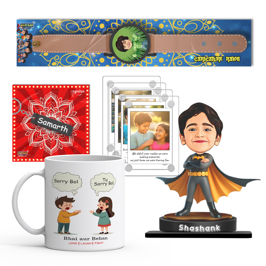 Personalized Rakhi Gift Combo Caricature Rakhi with Detachable Magnet Printed Mug and Name Keychain for Brother Kids and Adults (Combo 5 - Rakhi + Mug + Avataar Stand + Name Keychain + 4 pc Acrylic Fridge Magnet with Photo)