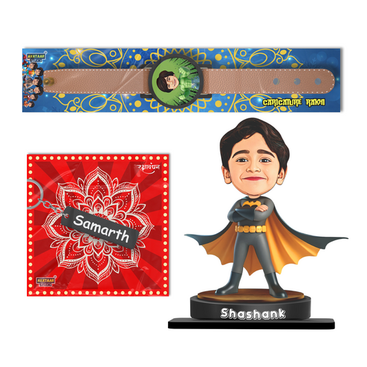 Personalized Rakhi Gift Combo Caricature Rakhi with Detachable Magnet Avataar Stand and Name Keychain for Brother Kids and Adults (Combo 1 - Rakhi + Avataar Stand + Name Keychain)