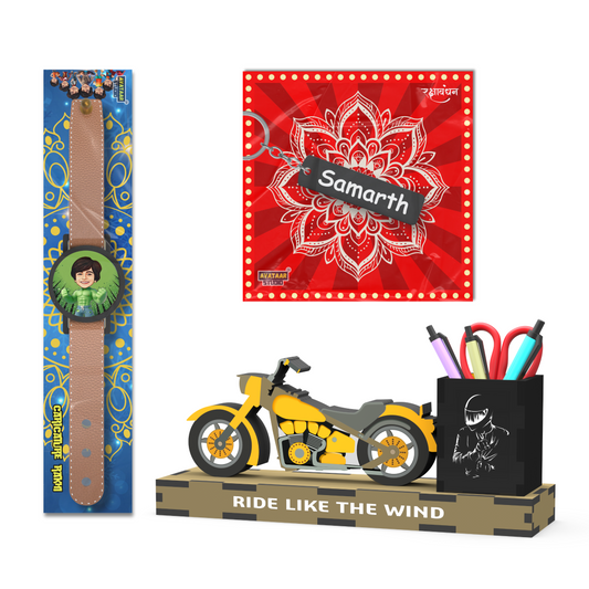 Personalized Rakhi Gift Combo Caricature Rakhi with Fridge Magnet Motorcycle Pen Stand and Name Keychain for Brother Kids and Adults (Combo 4 - Rakhi + Bike Pen Stand + Name Keychain)